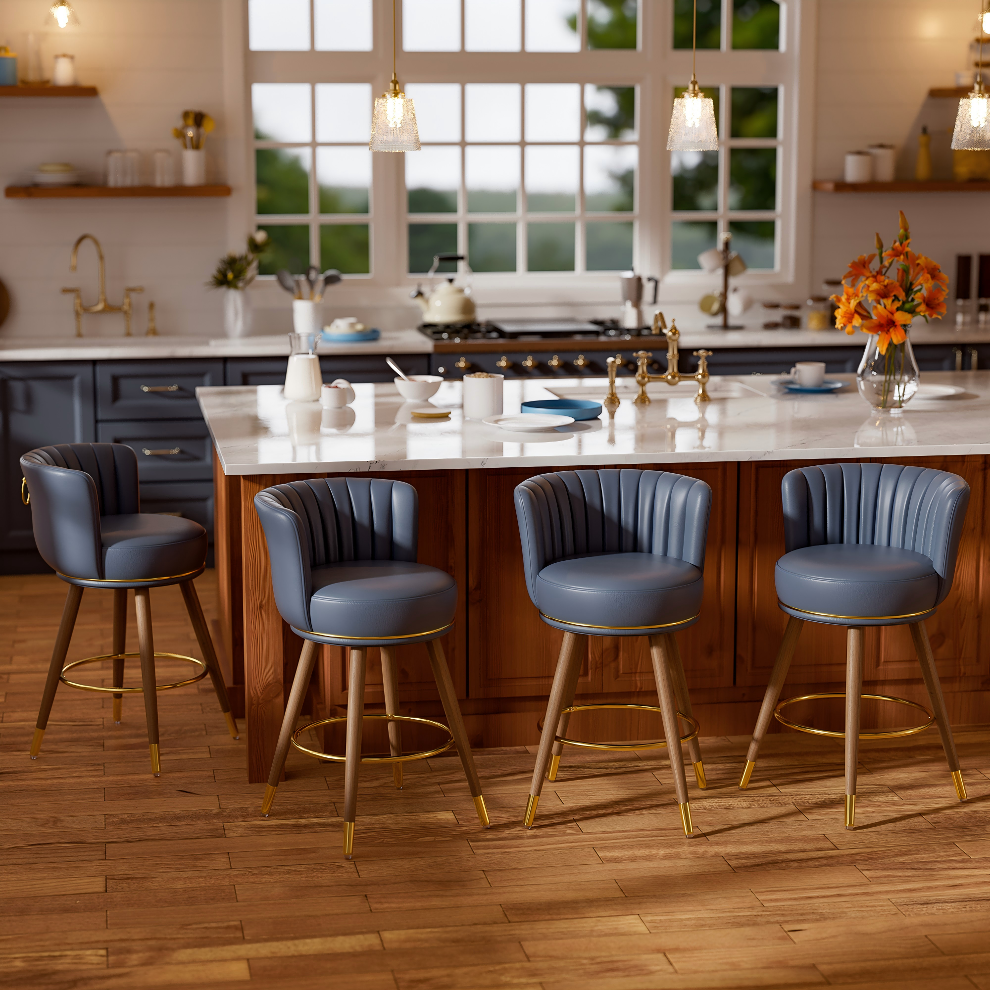 Genpo Swivel Counter Height Bar Stools Set of 4, 24 inch Blue Leather Kitchen Swivel Counter Stools with Backs, Metal Legs and Footrest, Bar Chairs for Kitchen Island
