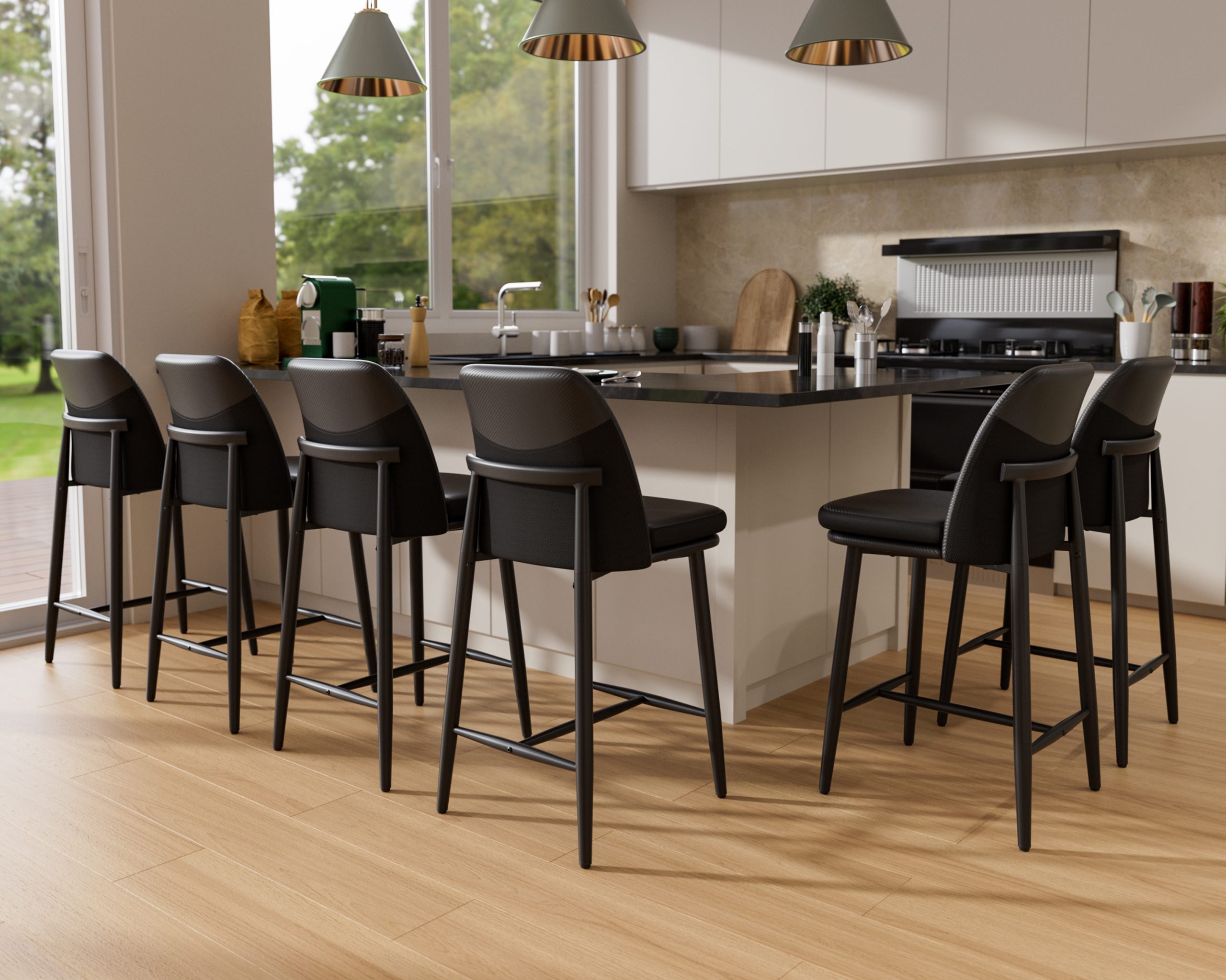 Genpo Bar Stools Set of 6, Upholstered Counter Height Bar Stools, Counter Stools 26 Inch Barstools with Back, Metal Legs and Textured Leather&Fabric for Kitchen Island Dining Room, Black