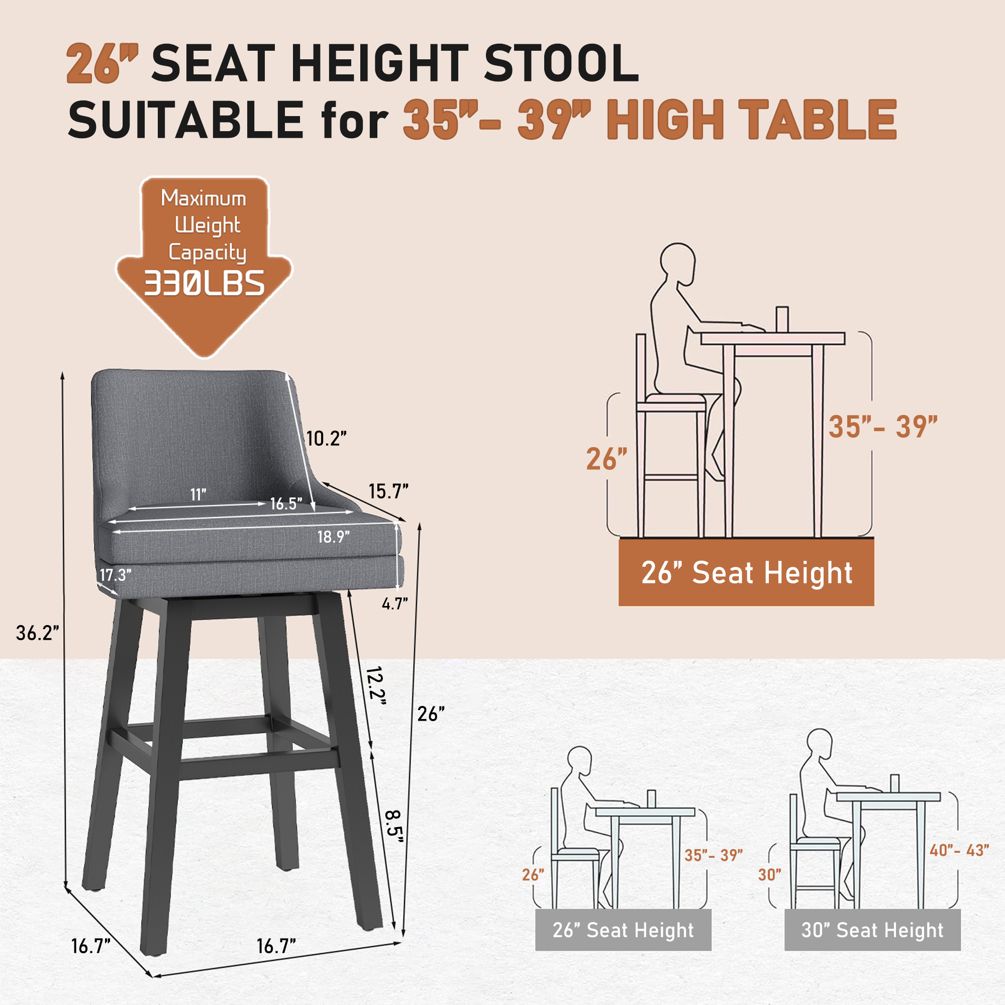 Genpo Bar Stools Set of 2, 26" H Upholstered Barstools with Backs, Swivel Modern Counter Height Bar Stool Chairs for Kitchen Island, Wood Legs, Gray Fabric Counter Stools - Image 2