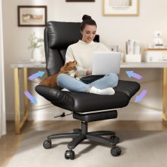 Genpo Criss Cross Desk Chair, Cross Legged Office Chair with Wheels, Black Leather Big and Tall Reclining Office Chair 500lbs with Foot Rest, Reversible Armrests & Wide Seat