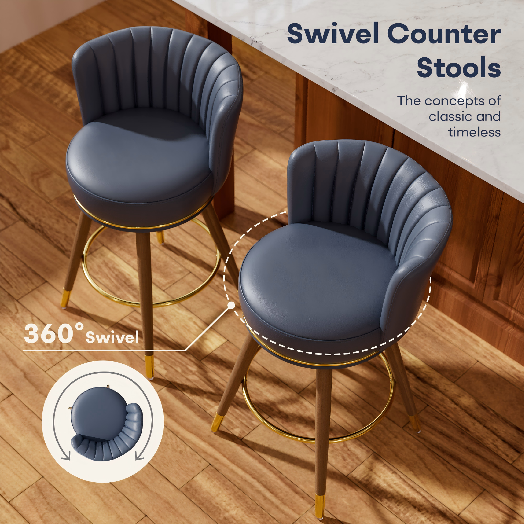 Genpo Counter Height Bar Stools, Round Seat Swivel Bar Stool Set of 2, 26 inch Low Back Leather Bar Chair with Wood Leg for Kitchen Island 300lbs, Navy - Image 3