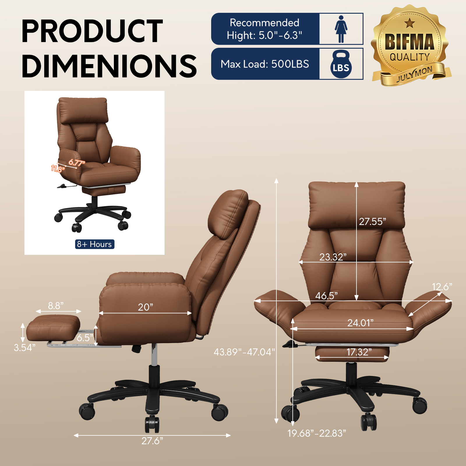 Genpo Criss Cross Desk Chair, Cross Legged Office Chair with Wheels, Brown Leather Big and Tall Reclining Office Chair 500lbs with Foot Rest, Reversible Armrests & Wide Seat - Image 4