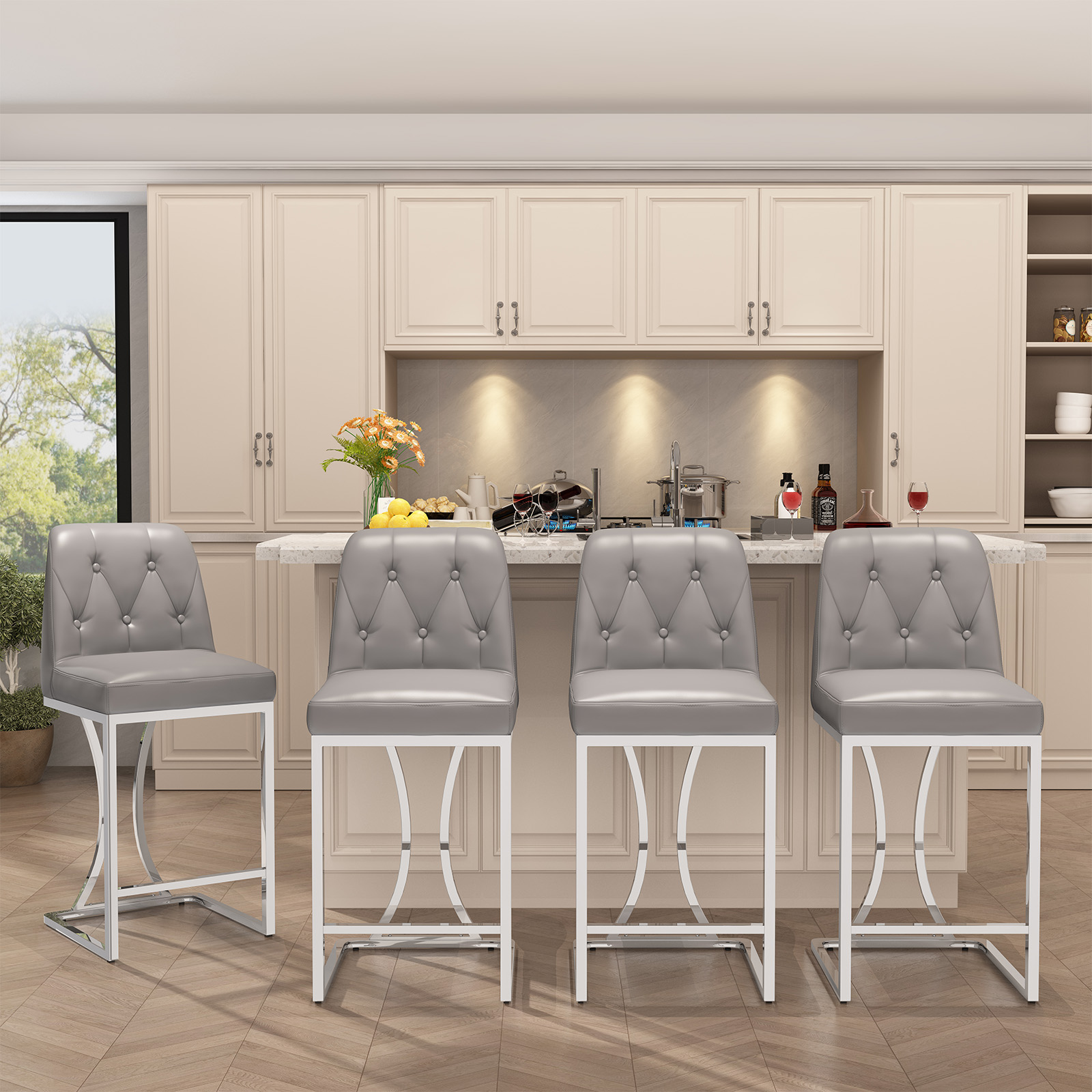 Genpo Bar Stools Set of 4, 24" Kitchen Counter Height Bar Stools with Back Golden Metal Legs and Footrest, Gray Leather Barstools for Kitchen Island