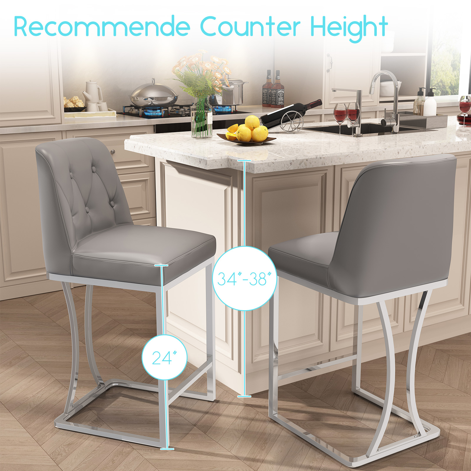 Genpo Bar Stools Set of 6, 24" Kitchen Counter Height Bar Stools with Back Golden Metal Legs and Footrest, Gray Leather Barstools for Kitchen Island - Image 5