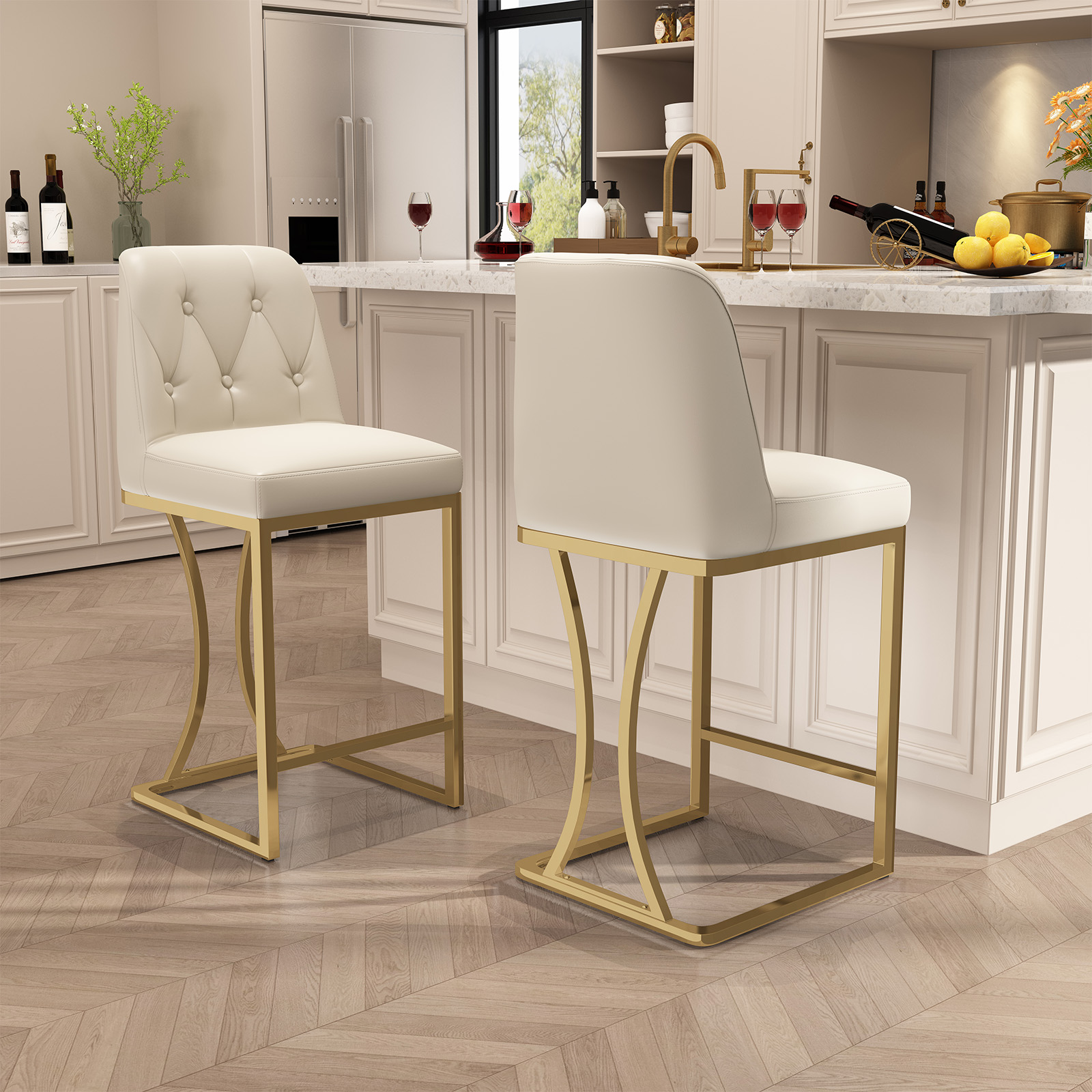 Genpo 24" Counter Height Bar Stools Set of 2, White Leather Counter Stools Bar Chairs with Back and Gold Metal Frame for Kitchen Island