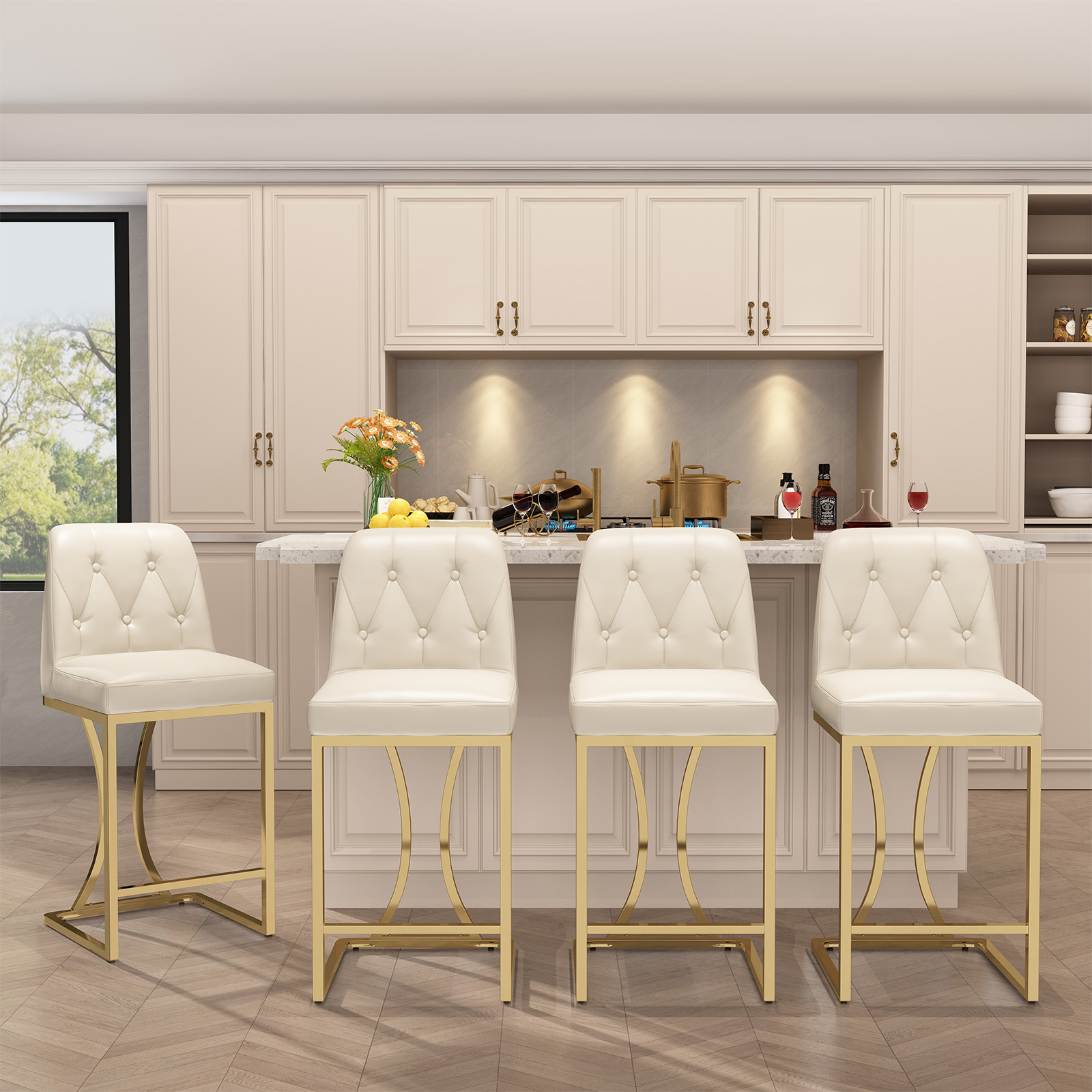 Genpo 24" Counter Height Bar Stools Set of 4, White Leather Counter Stools Bar Chairs with Back and Gold Metal Frame for Kitchen Island
