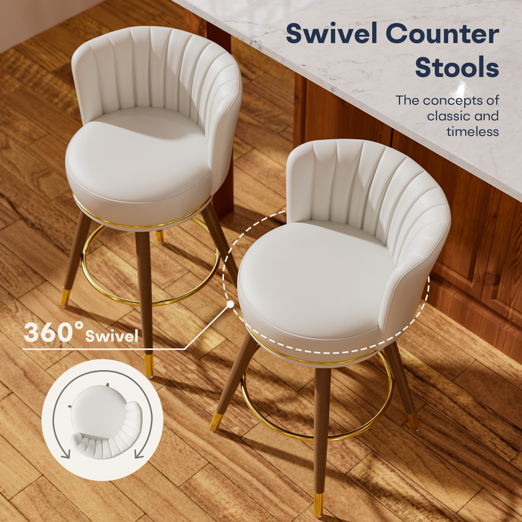 Genpo Counter Height Bar Stools, Round Seat Swivel Bar Stool Set of 2, 26 inch Low Back Leather Bar Chair with Wood Leg for Kitchen Island 300lbs, Beige - Image 2