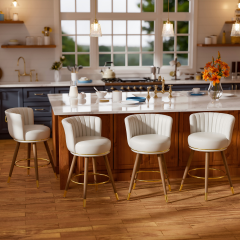 Genpo Swivel Counter Height Bar Stools Set of 4, 24 inch White Leather Kitchen Swivel Counter Stools with Backs, Wood Legs and Footrest, Bar Chairs for Kitchen Island