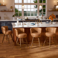 Genpo Swivel Counter Height Bar Stools Set of 4, 24 inch Brown Leather Kitchen Swivel Counter Stools with Backs, Wood Legs and Footrest, Bar Chairs for Kitchen Island