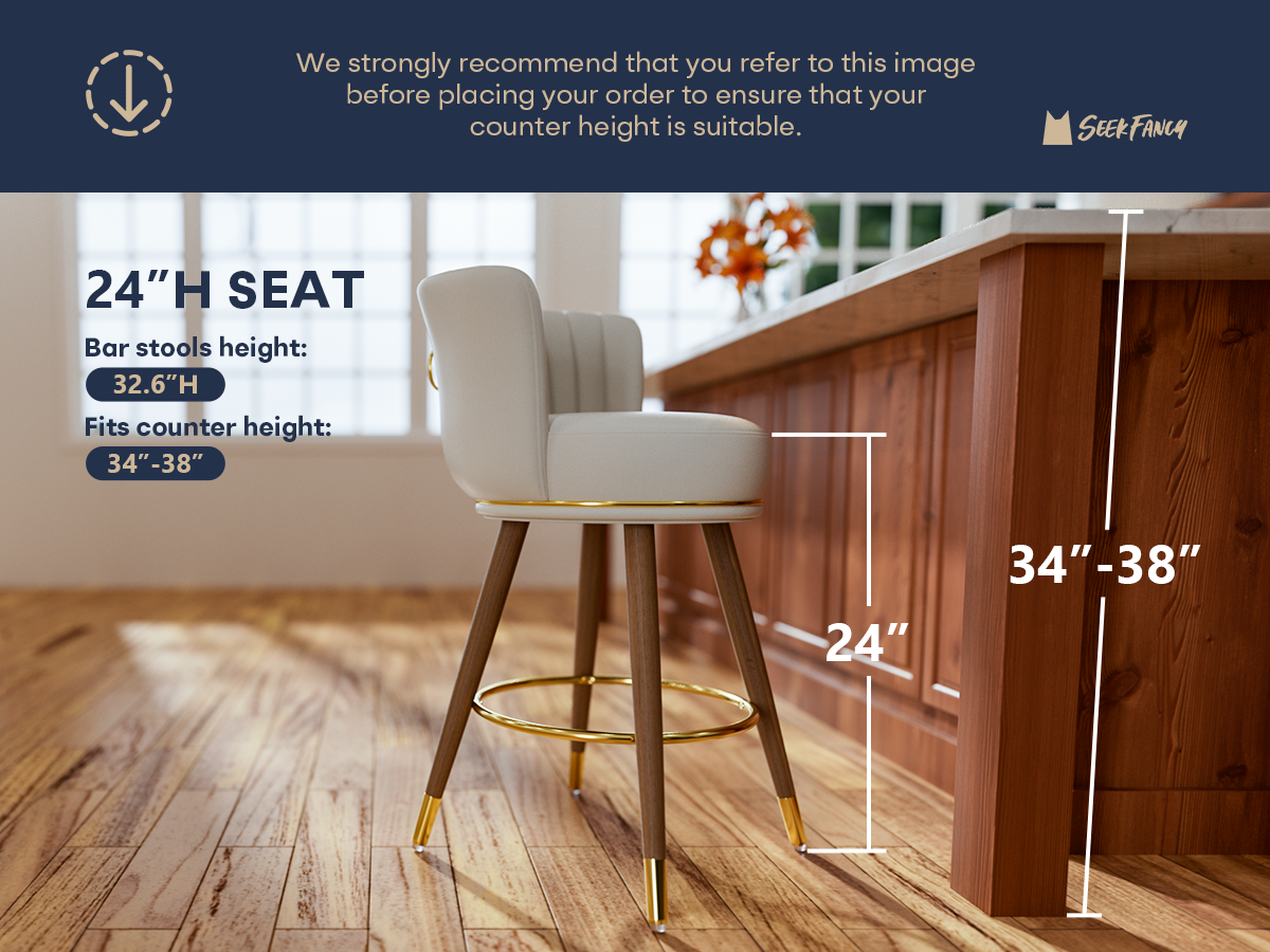 Genpo Swivel Counter Height Bar Stools Set of 2, 24 inch White Leather Kitchen Swivel Counter Stools with Backs, Wood Legs and Footrest, Bar Chairs for Kitchen Island - Image 7