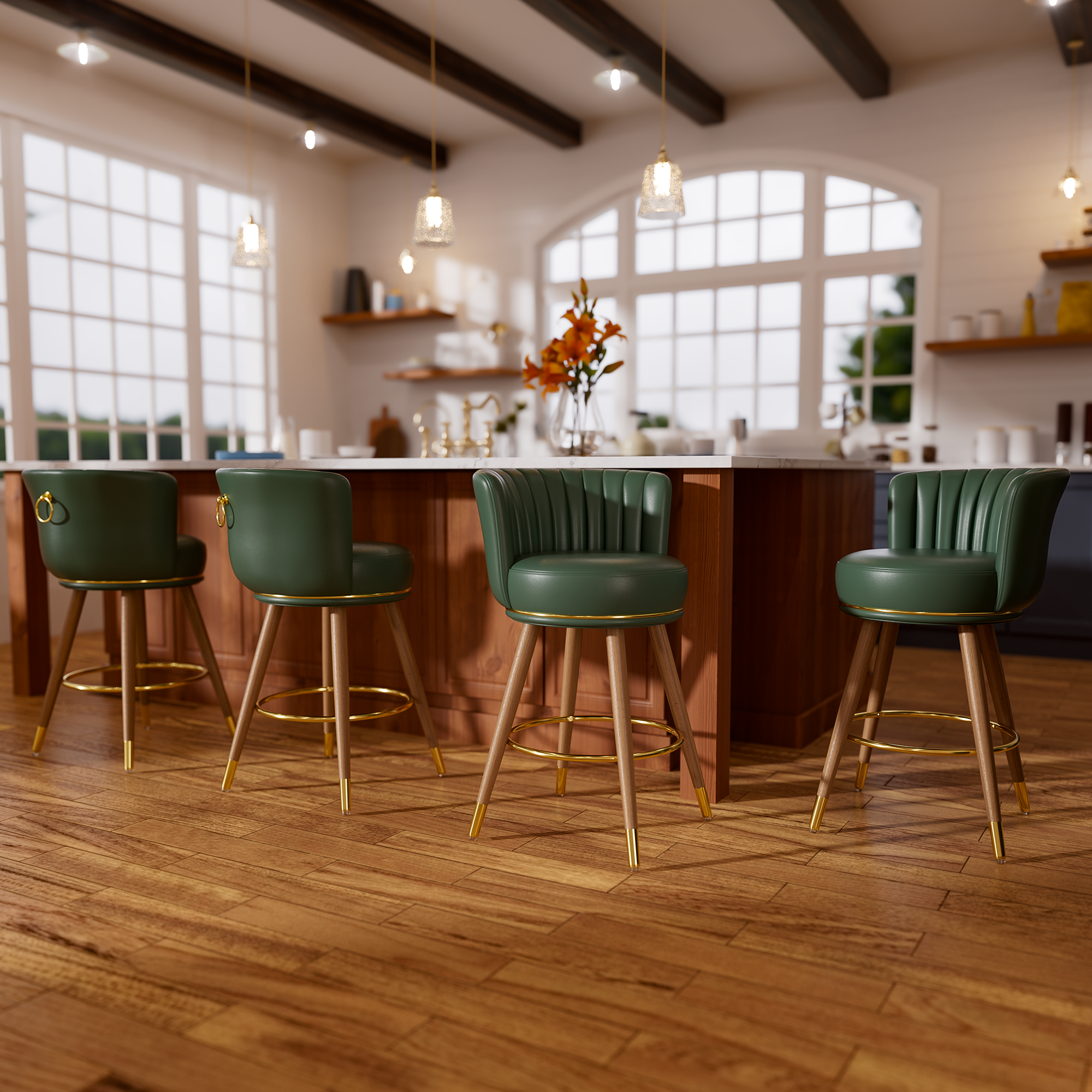 Genpo Swivel Counter Height Bar Stools Set of 4, 24 inch Green Leather Kitchen Counter Stools with Backs, Wood Legs and Footrest, Bar Chairs for Kitchen Island
