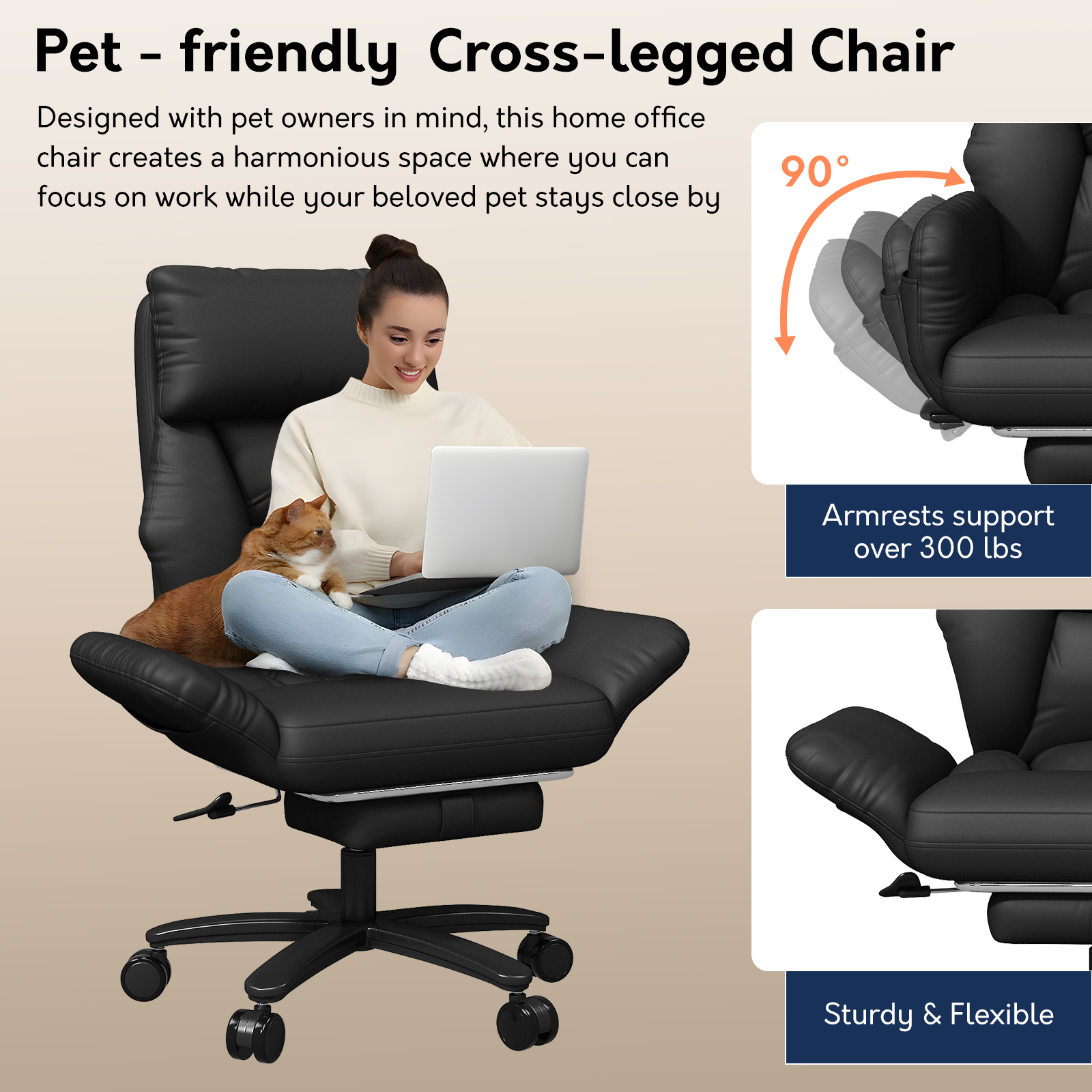 Genpo Criss Cross Desk Chair, Cross Legged Office Chair with Wheels, Black Leather Big and Tall Reclining Office Chair 500lbs with Foot Rest, Reversible Armrests & Wide Seat - Image 3