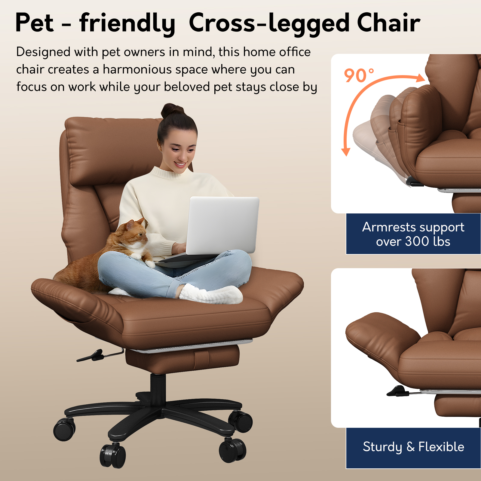 Genpo Criss Cross Desk Chair, Cross Legged Office Chair with Wheels, Brown Leather Big and Tall Reclining Office Chair 500lbs with Foot Rest, Reversible Armrests & Wide Seat - Image 5