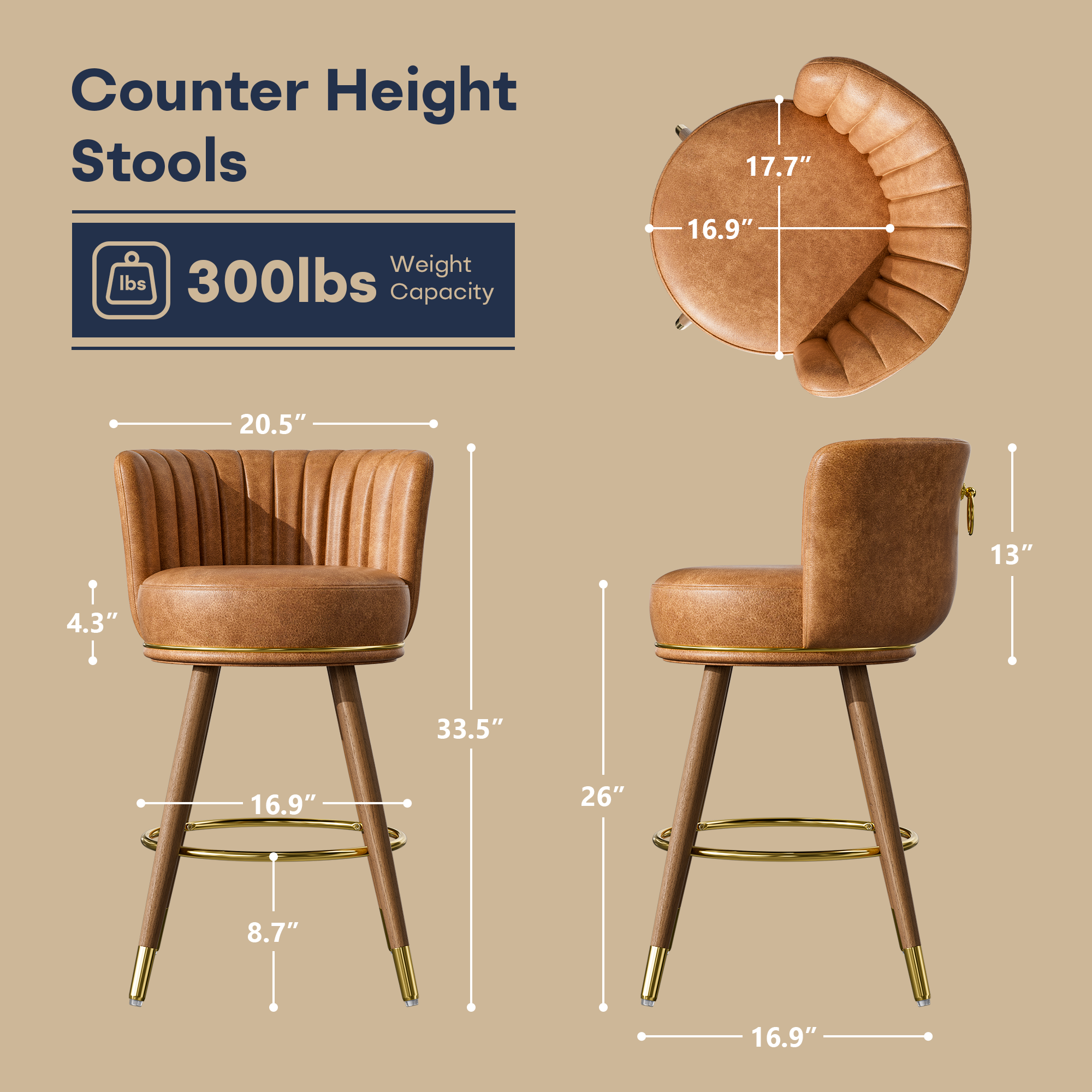 Genpo Counter Height Bar Stools, Round Seat Swivel Bar Stool Set of 2, 26 inch Low Back Leather Bar Chair with Wood Leg for Kitchen Island 300lbs, Brown - Image 2