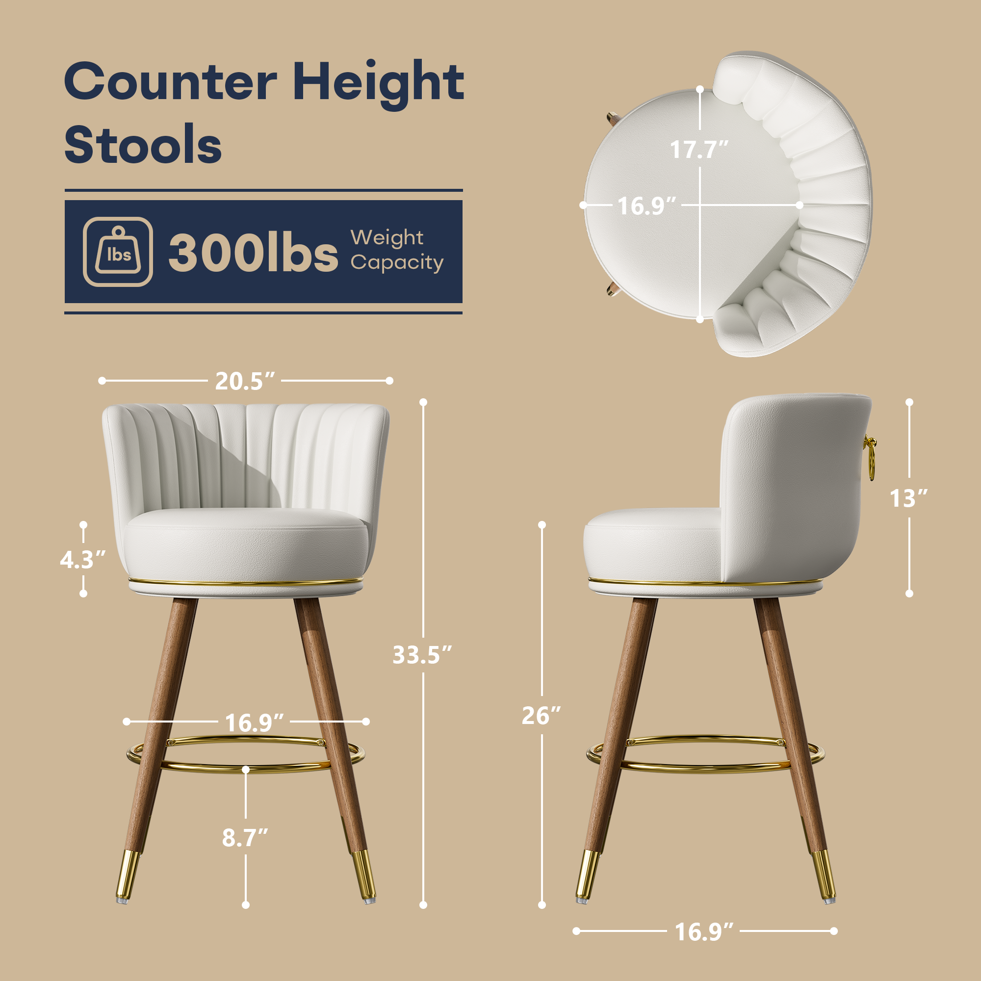 Genpo Counter Height Bar Stools, Round Seat Swivel Bar Stool Set of 2, 26 inch Low Back Leather Bar Chair with Wood Leg for Kitchen Island 300lbs, Beige - Image 7