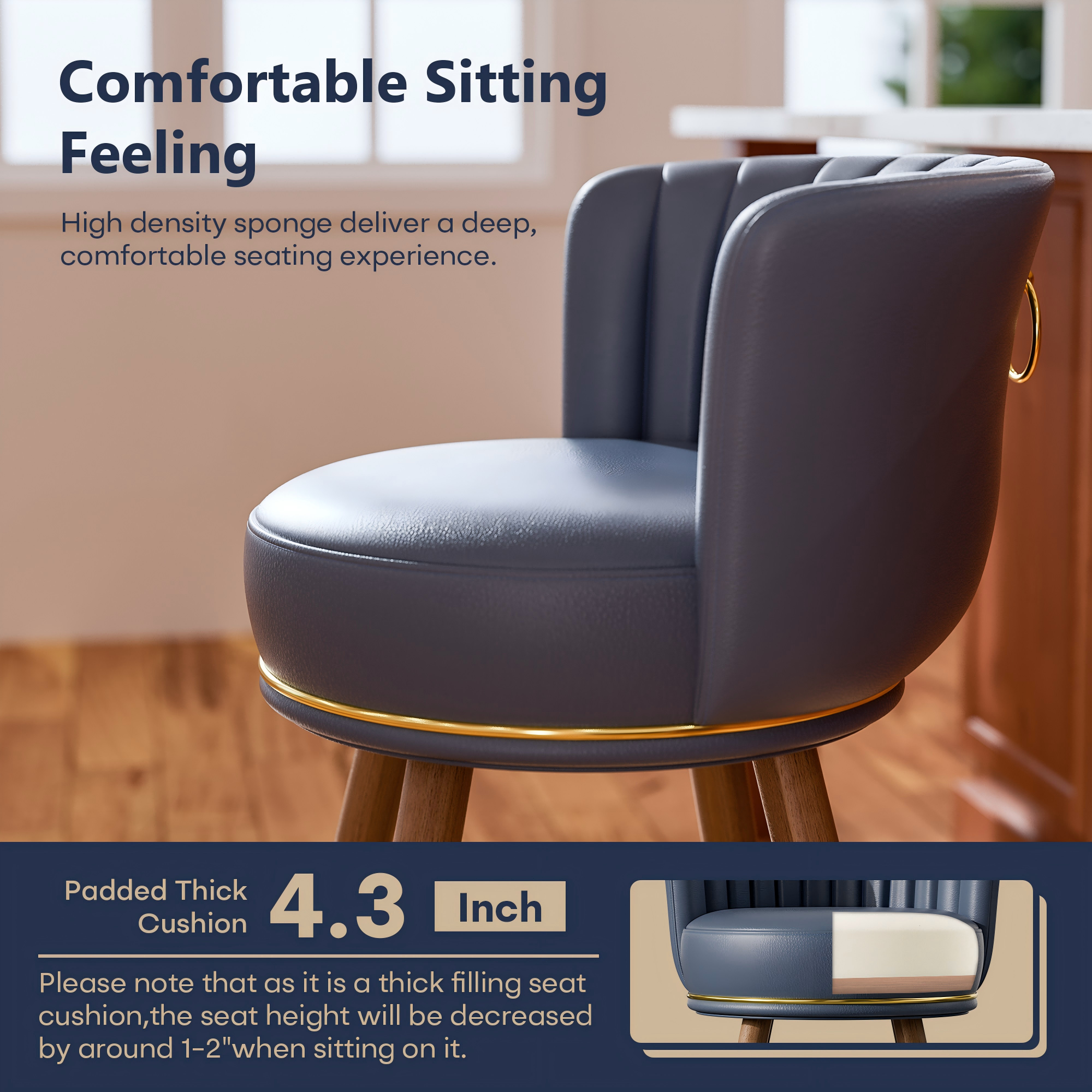Genpo Counter Height Bar Stools, Round Seat Swivel Bar Stool Set of 2, 26 inch Low Back Leather Bar Chair with Wood Leg for Kitchen Island 300lbs, Navy - Image 5