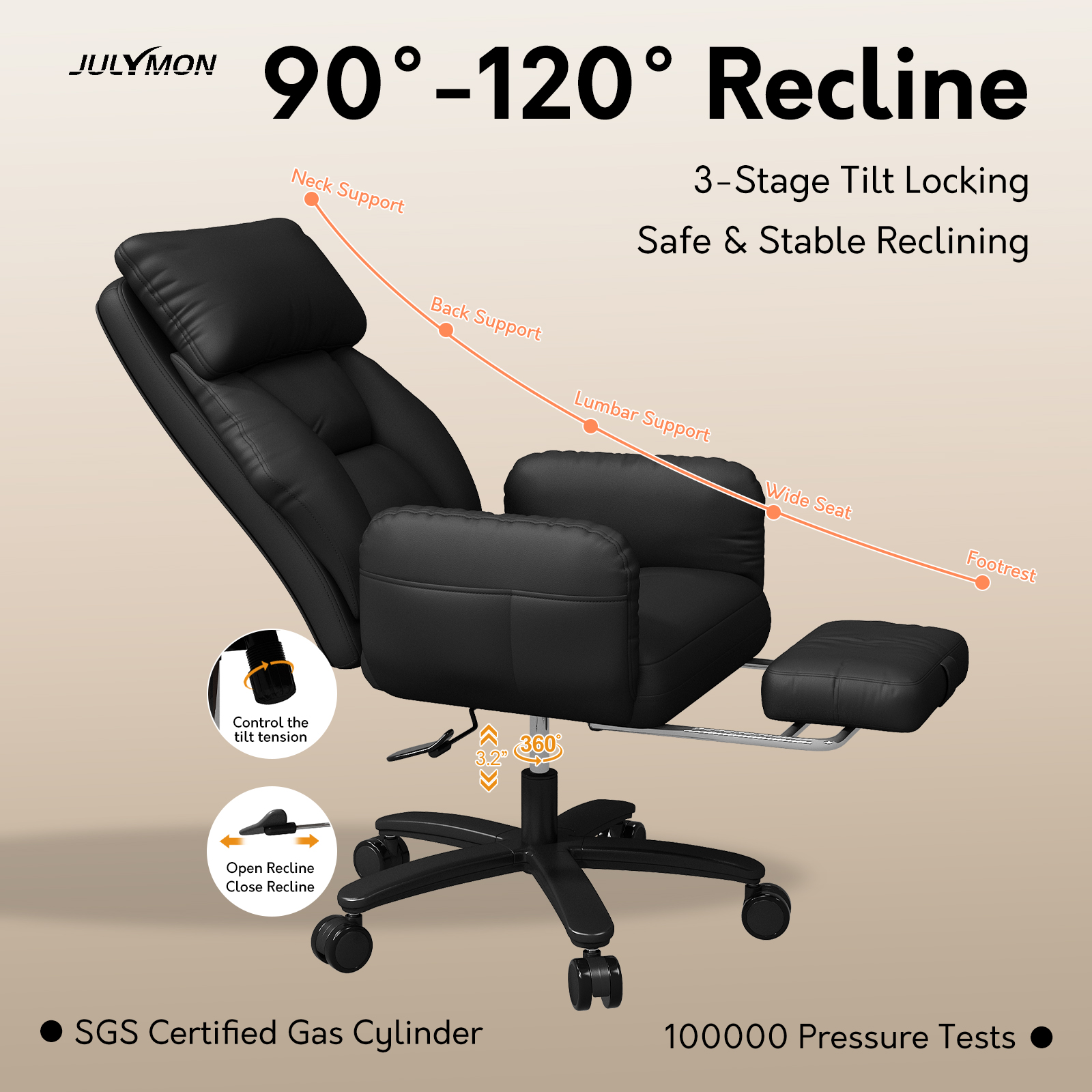 Genpo Criss Cross Desk Chair, Cross Legged Office Chair with Wheels, Black Leather Big and Tall Reclining Office Chair 500lbs with Foot Rest, Reversible Armrests & Wide Seat - Image 5