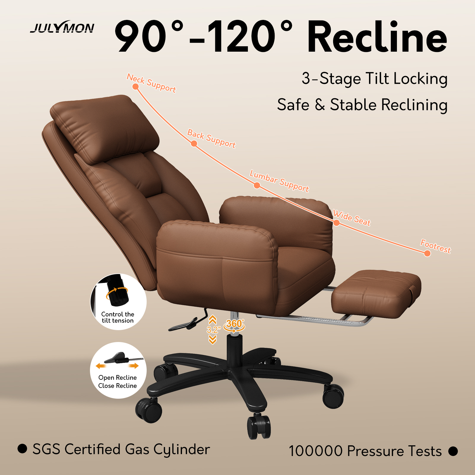 Genpo Criss Cross Desk Chair, Cross Legged Office Chair with Wheels, Brown Leather Big and Tall Reclining Office Chair 500lbs with Foot Rest, Reversible Armrests & Wide Seat - Image 7