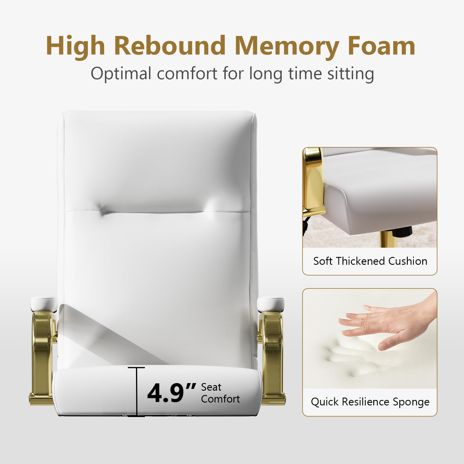 Genpo White and Gold Office Chair Memory Foam, White Leather Computer Desk Chairs with Wheels and Arms, High Back Executive Office Chair for Girl and Women - Image 3