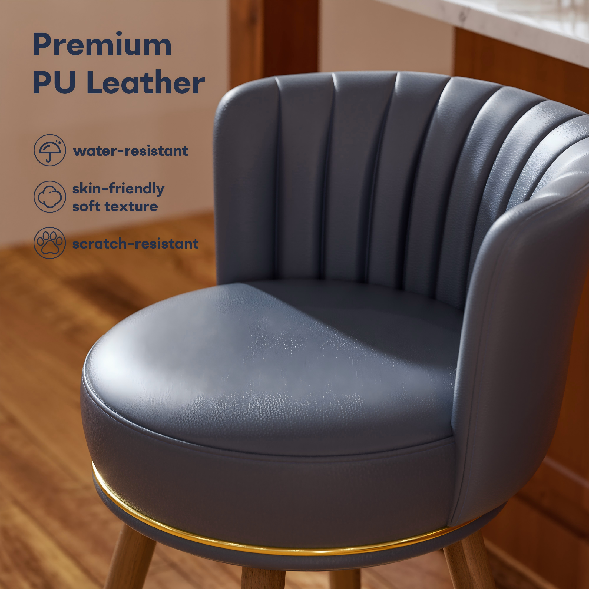 Genpo Counter Height Bar Stools, Round Seat Swivel Bar Stool Set of 2, 26 inch Low Back Leather Bar Chair with Wood Leg for Kitchen Island 300lbs, Navy - Image 7