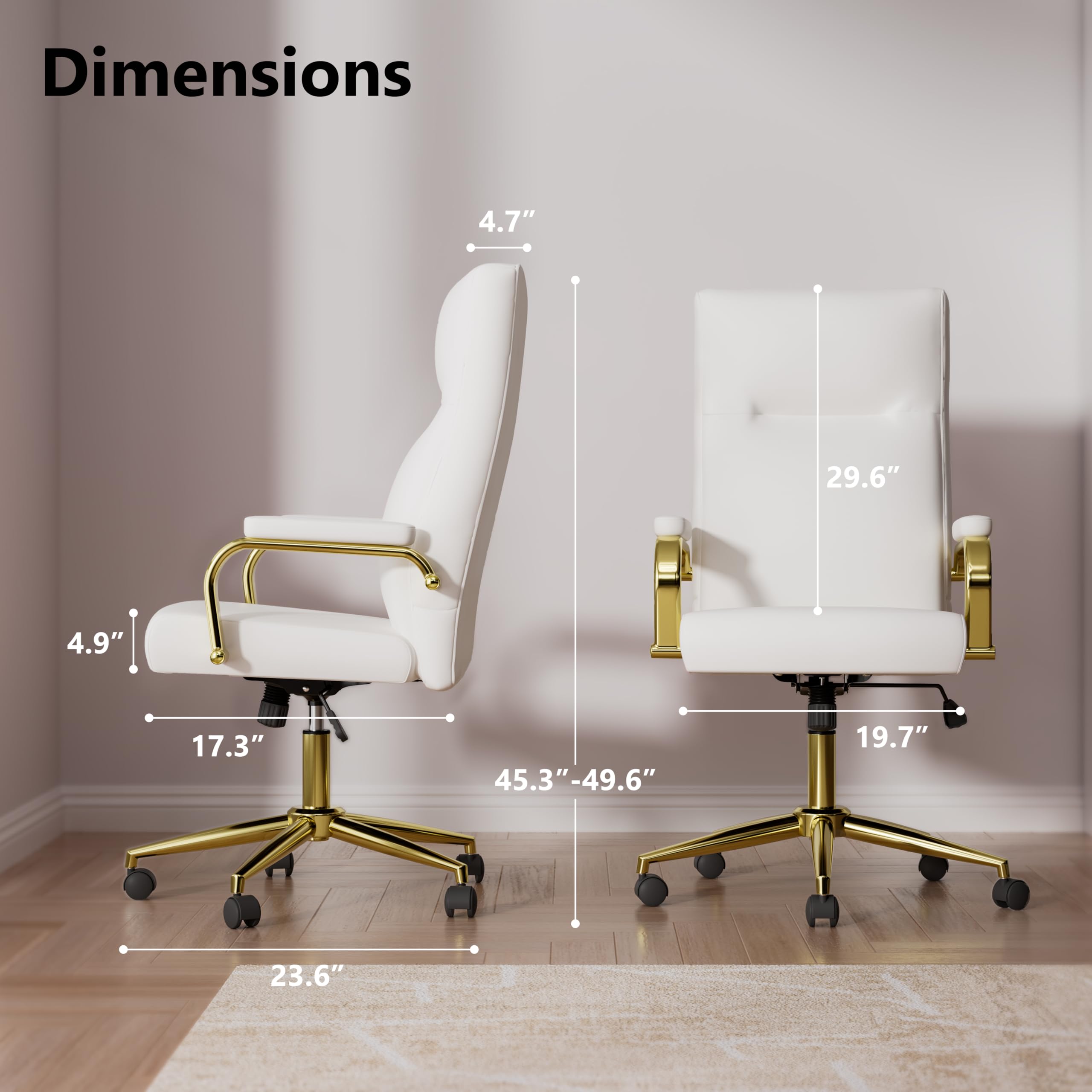Genpo White and Gold Office Chair Memory Foam, White Leather Computer Desk Chairs with Wheels and Arms, High Back Executive Office Chair for Girl and Women - Image 2