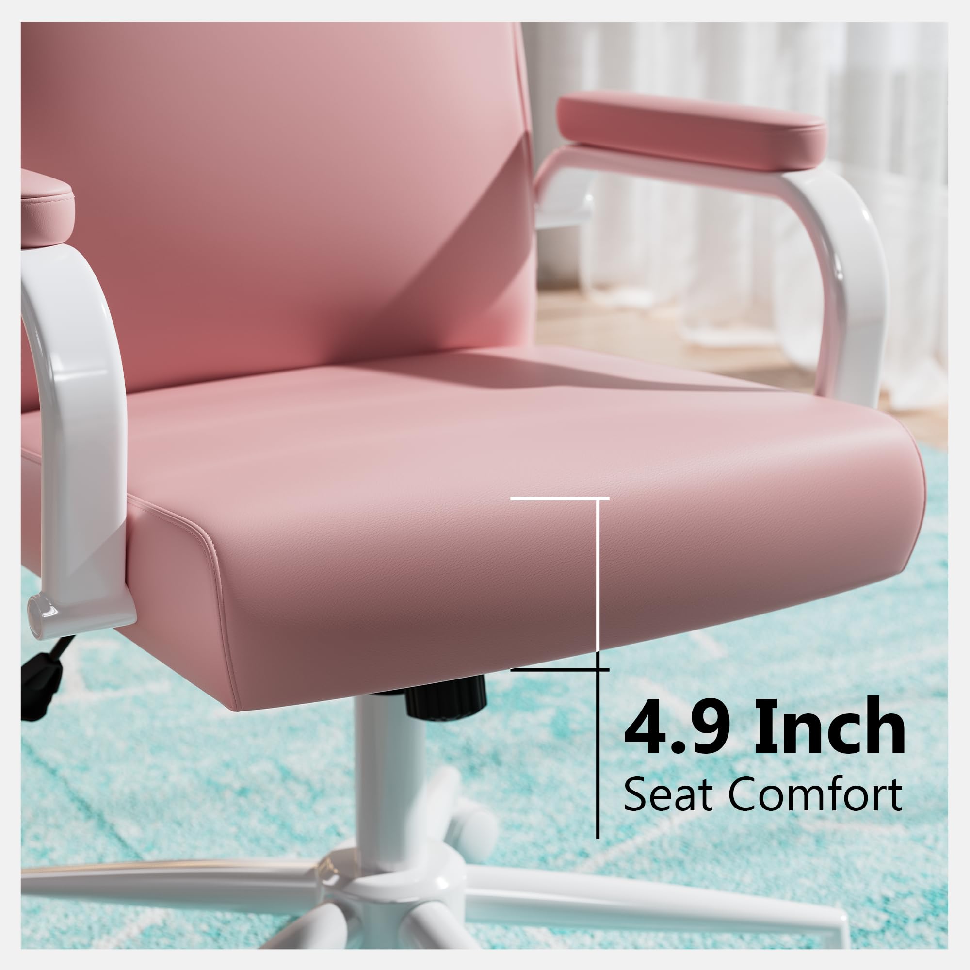 Pink Desk Chair, High Back Leather Executive Office Chair for Girl and Women, Adjustable Height Computer Desk Chairs with Wheels and Arms - Image 3