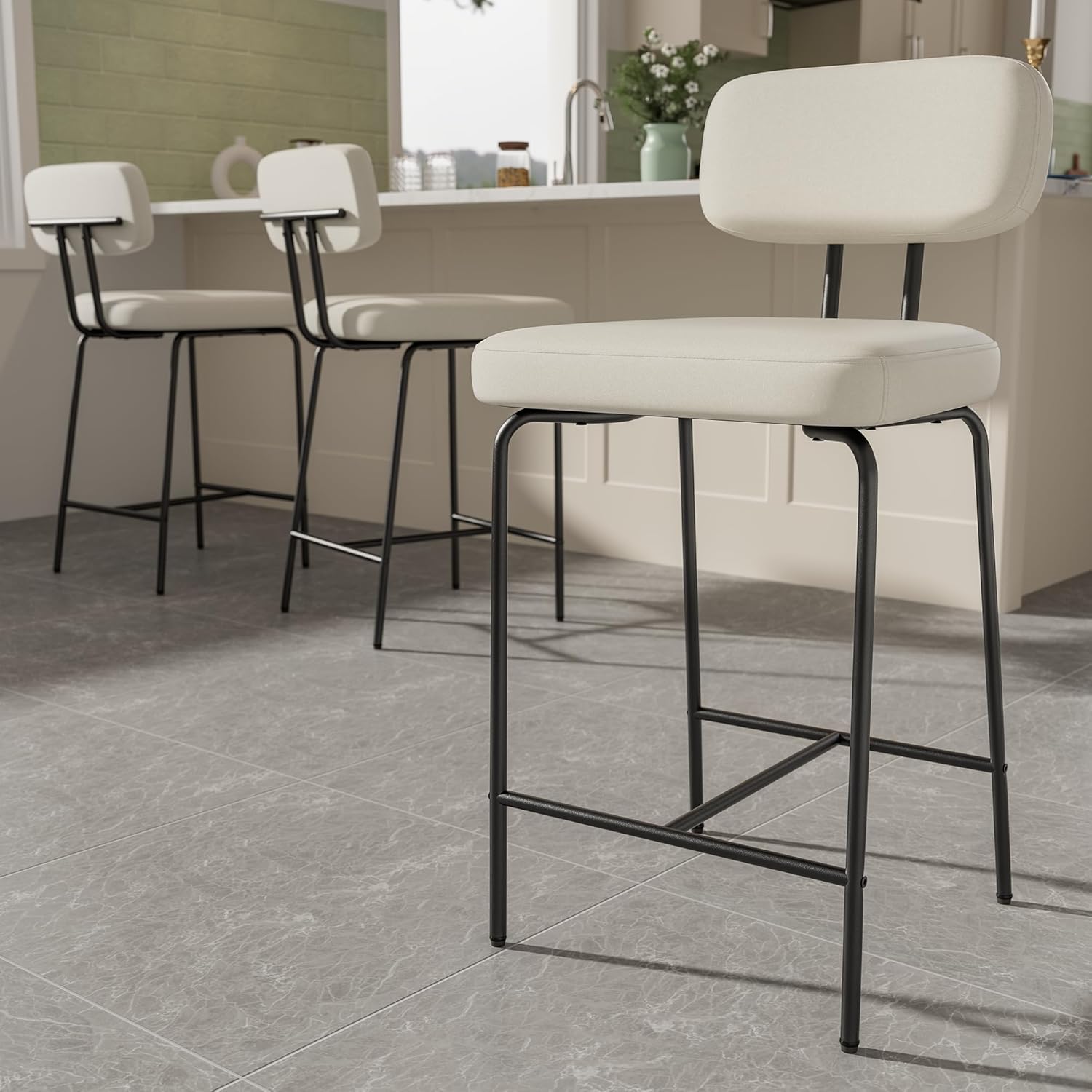 Genpo Counter Height Bar Stools Set of 3, 26" White Fabric Kitchen Counter Stools with Backs, Metal Legs, Footrest and Wide Seat, Bar Chairs for Kitchen Island