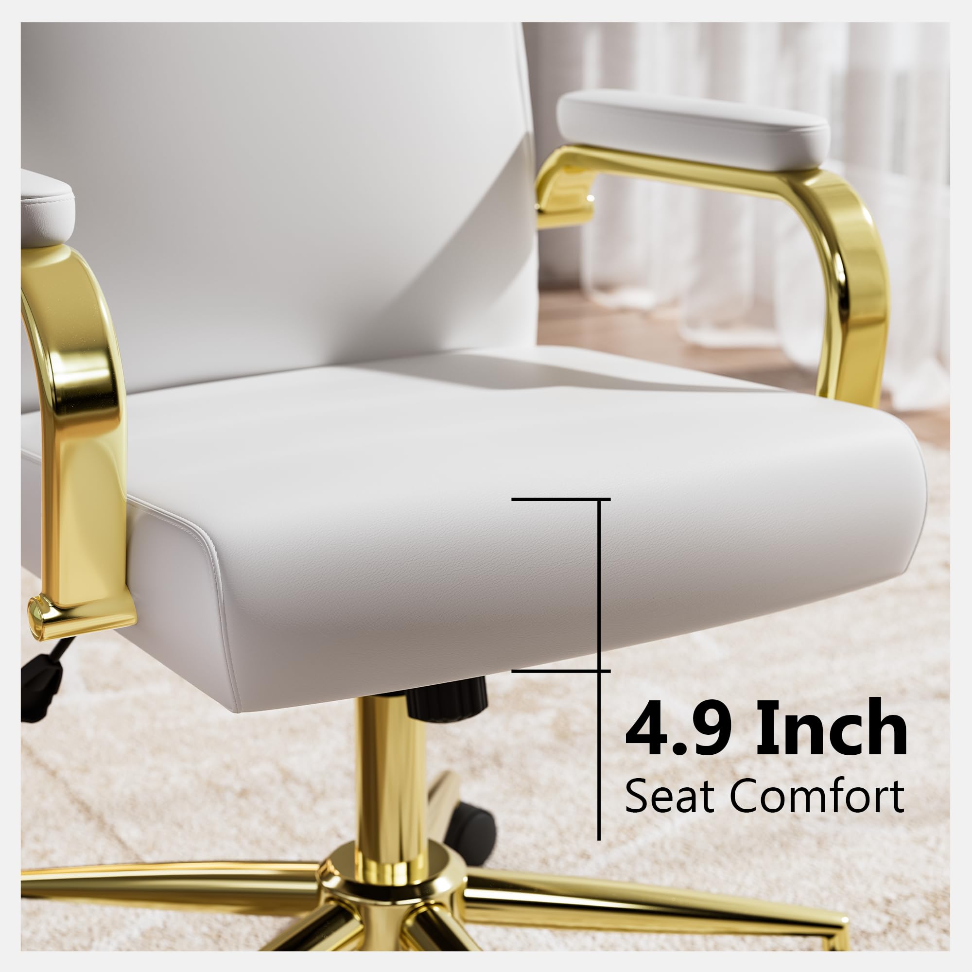 Genpo White and Gold Office Chair Memory Foam, White Leather Computer Desk Chairs with Wheels and Arms, High Back Executive Office Chair for Girl and Women - Image 4