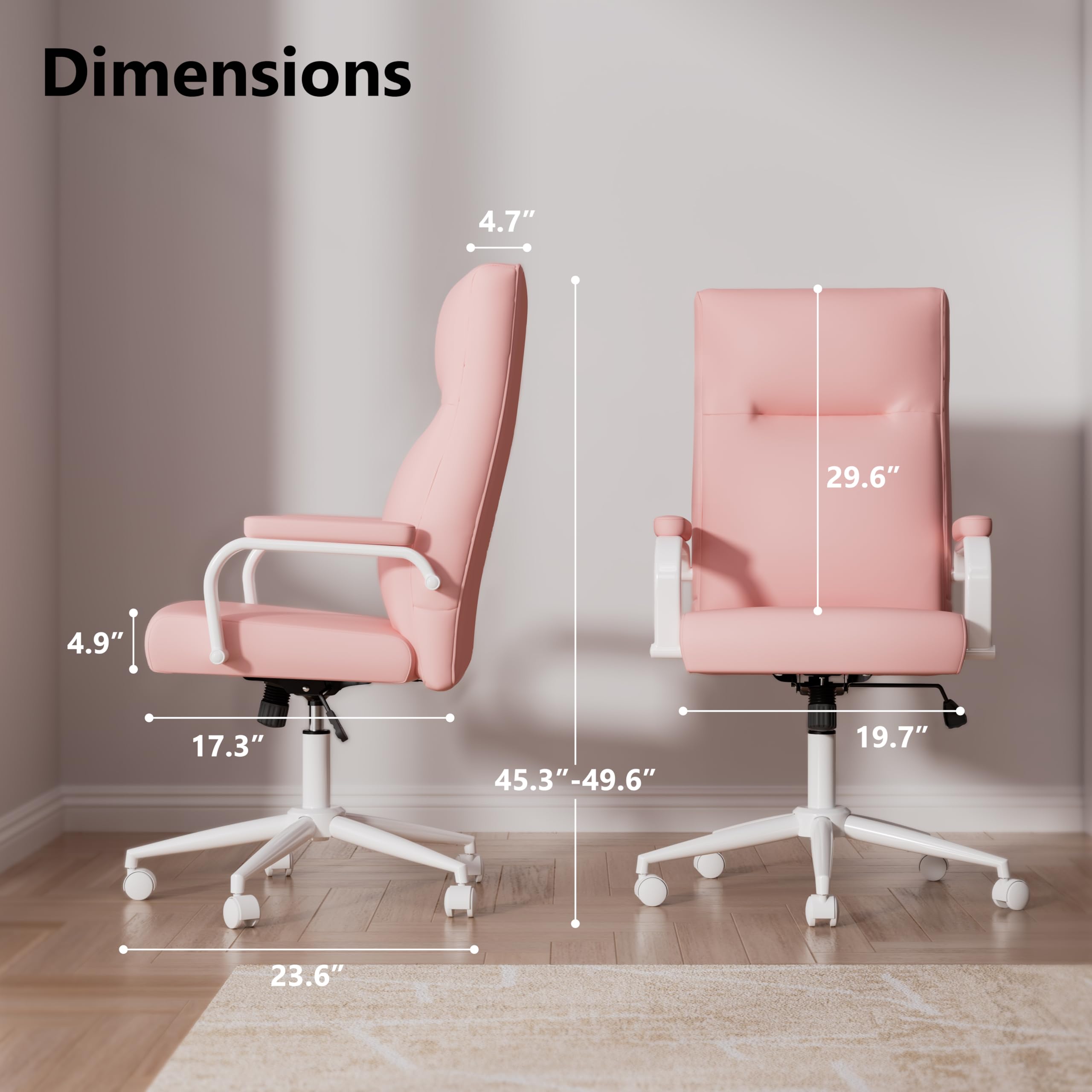 Pink Desk Chair, High Back Leather Executive Office Chair for Girl and Women, Adjustable Height Computer Desk Chairs with Wheels and Arms - Image 2