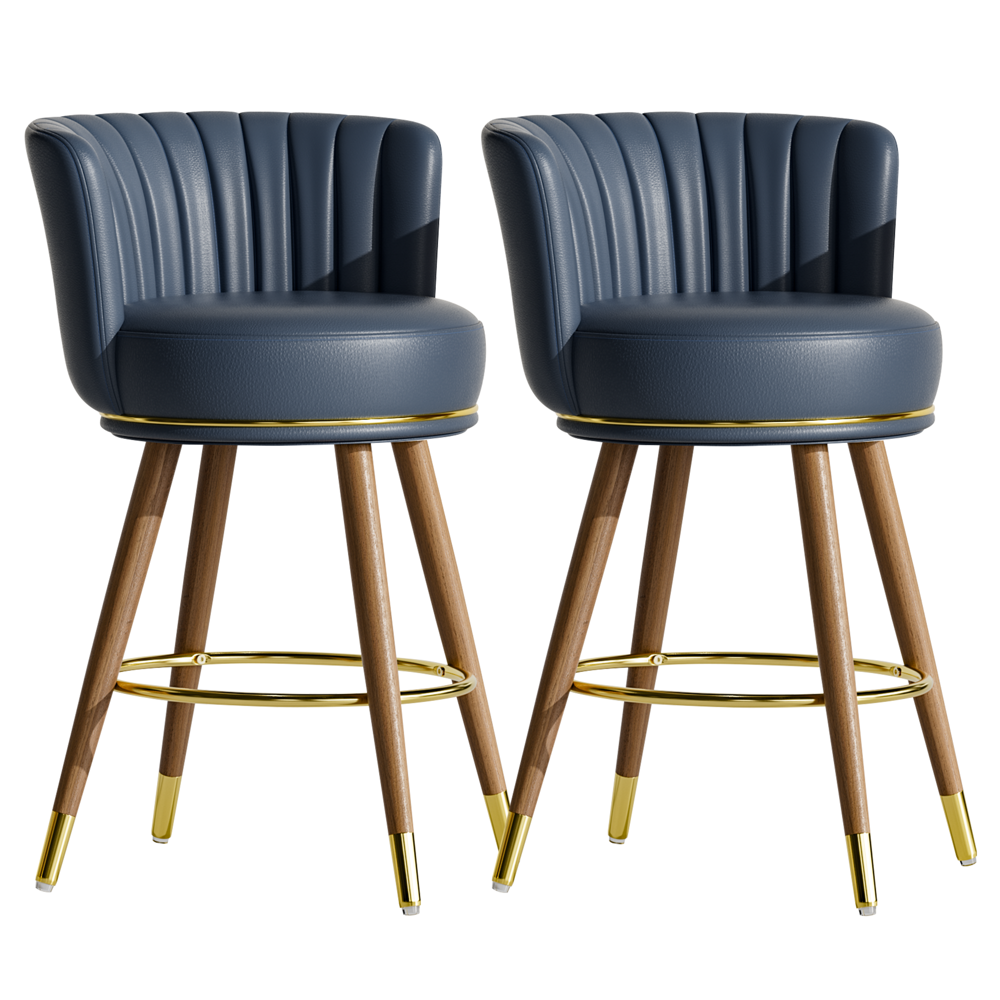 Genpo Counter Height Bar Stools, Round Seat Swivel Bar Stool Set of 2, 26 inch Low Back Leather Bar Chair with Wood Leg for Kitchen Island 300lbs, Navy