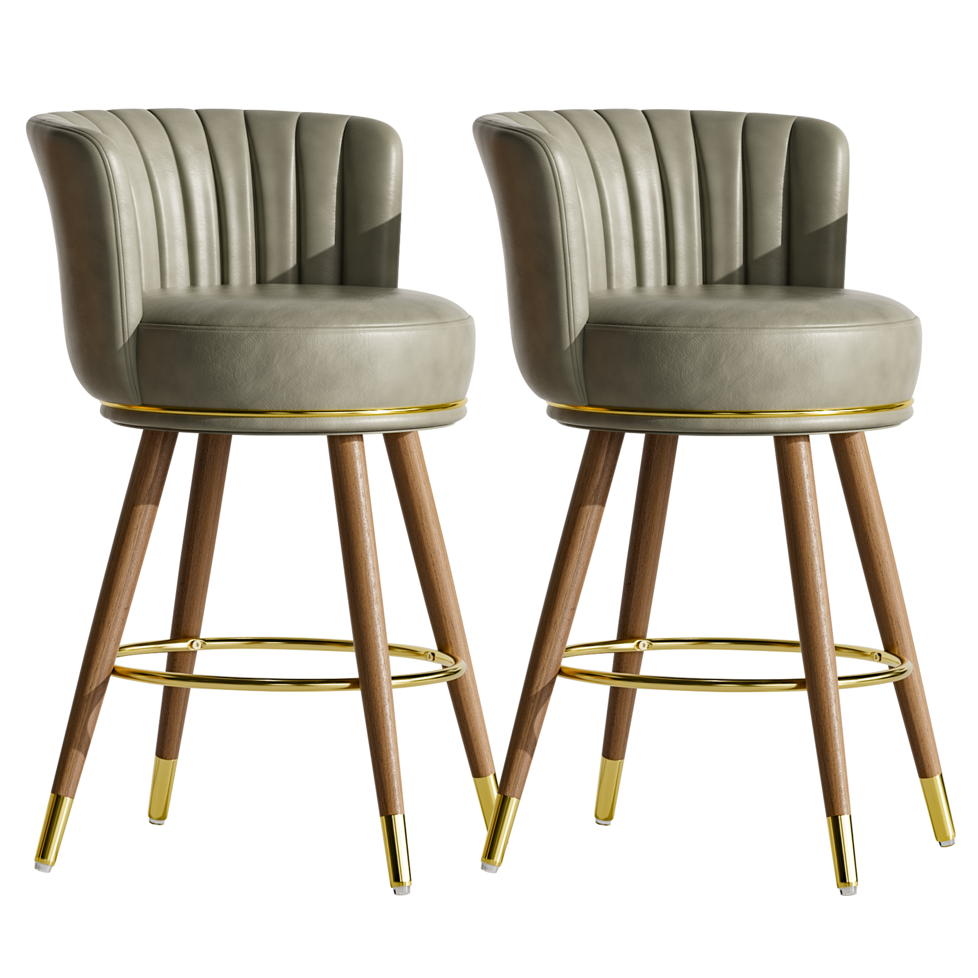 Genpo Counter Height Bar Stools, Round Seat Swivel Bar Stool Set of 2, 26 inch Low Back Leather Bar Chair with Wood Leg for Kitchen Island 300lbs, Grey