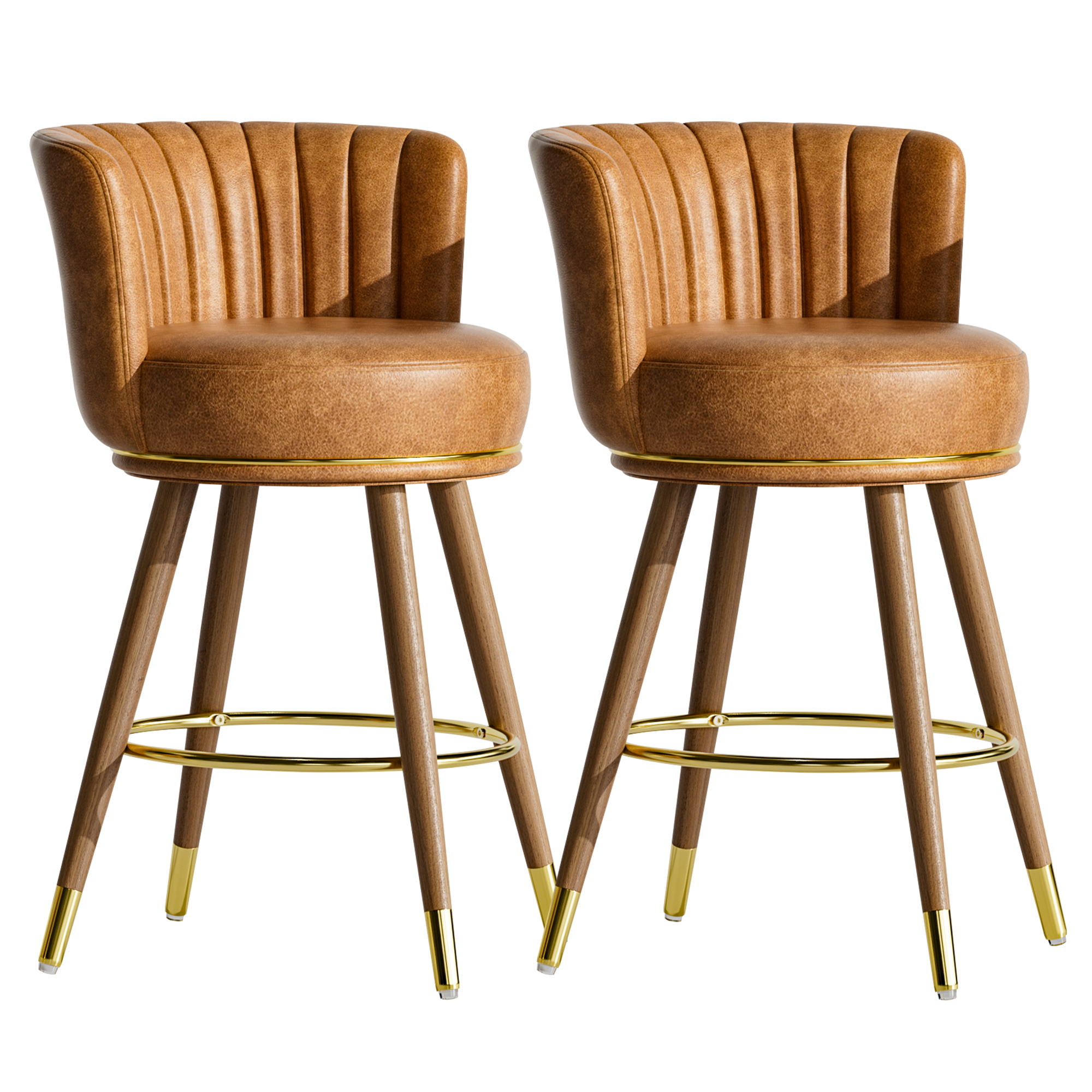 Genpo Counter Height Bar Stools, Round Seat Swivel Bar Stool Set of 2, 26 inch Low Back Leather Bar Chair with Wood Leg for Kitchen Island 300lbs, Brown