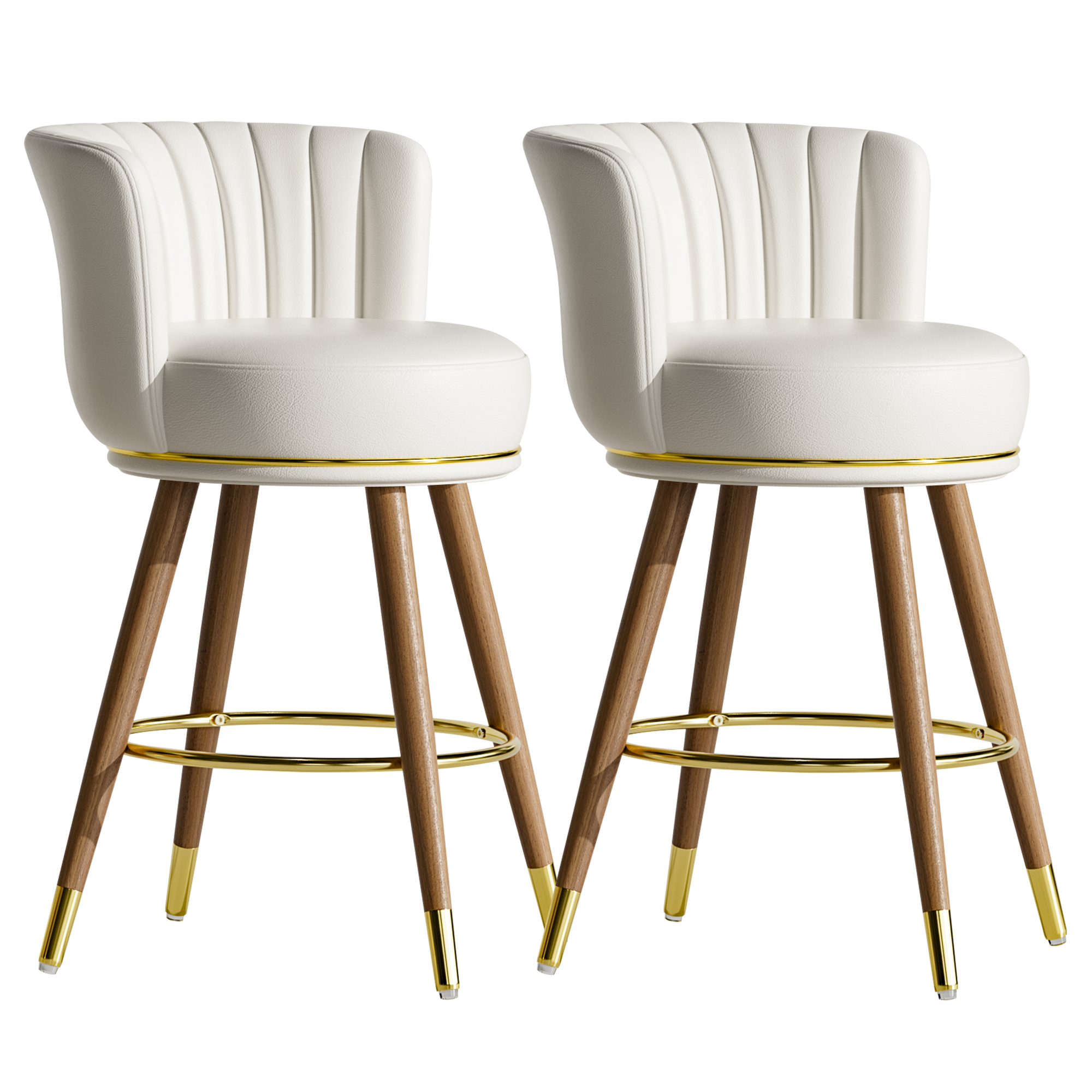 Genpo Counter Height Bar Stools, Round Seat Swivel Bar Stool Set of 2, 26 inch Low Back Leather Bar Chair with Wood Leg for Kitchen Island 300lbs, Beige