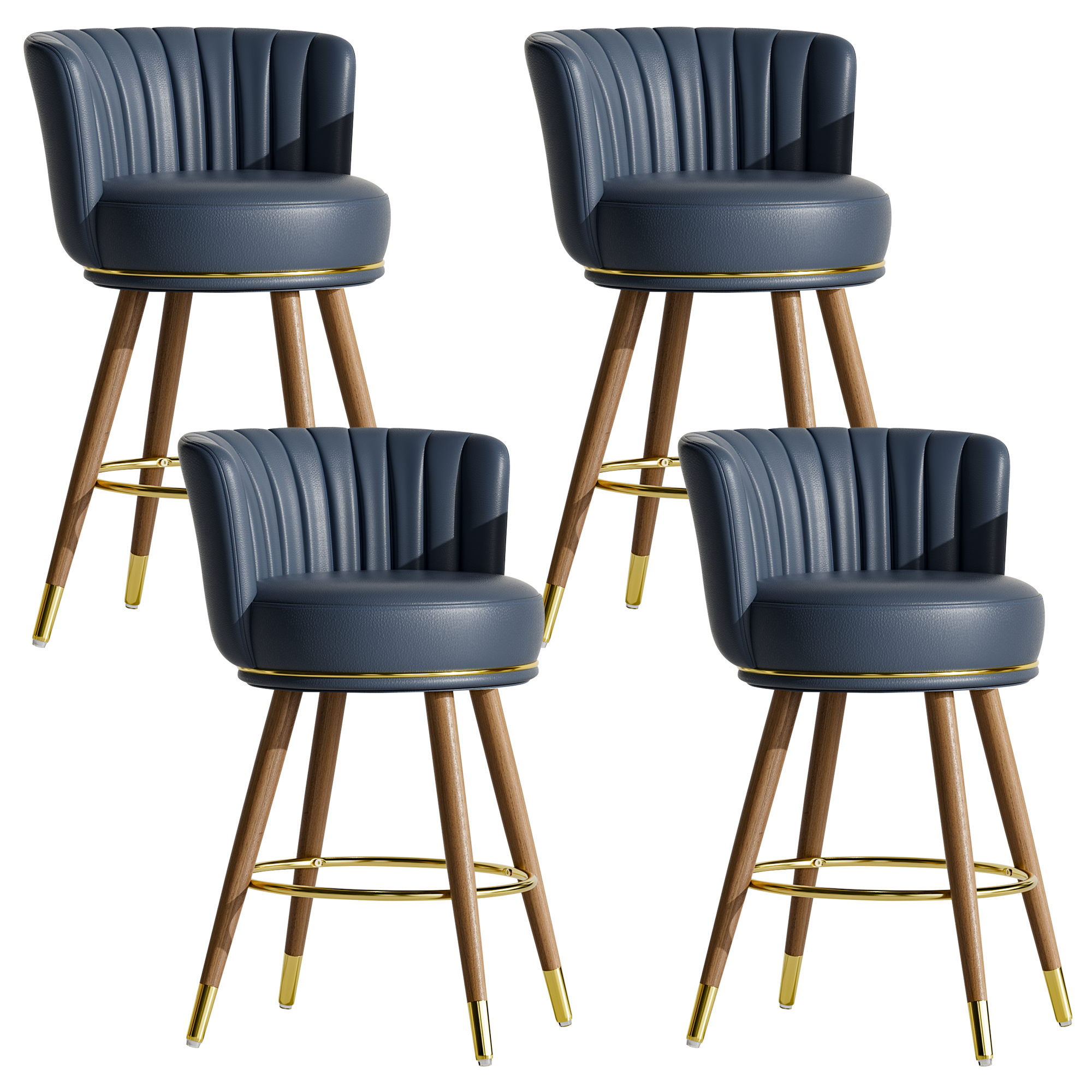 Genpo Counter Height Bar Stools, Round Seat Swivel Bar Stool Set of 4, 26 inch Low Back Leather Bar Chair with Wood Leg for Kitchen Island 300lbs, Navy
