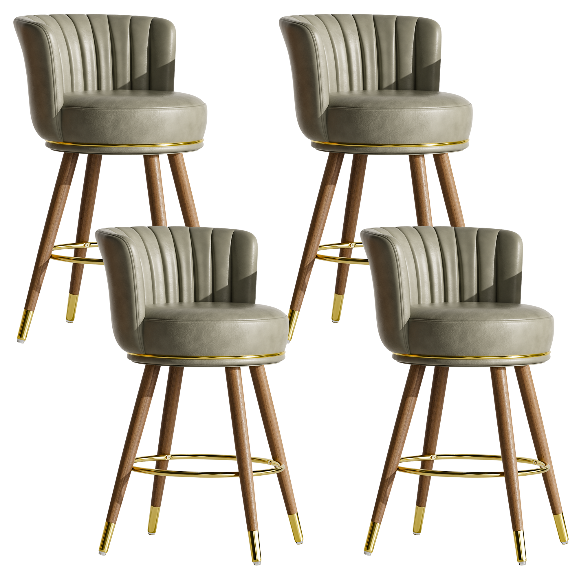 Genpo Counter Height Bar Stools, Round Seat Swivel Bar Stool Set of 4, 26 inch Low Back Leather Bar Chair with Wood Leg for Kitchen Island 300lbs, Grey