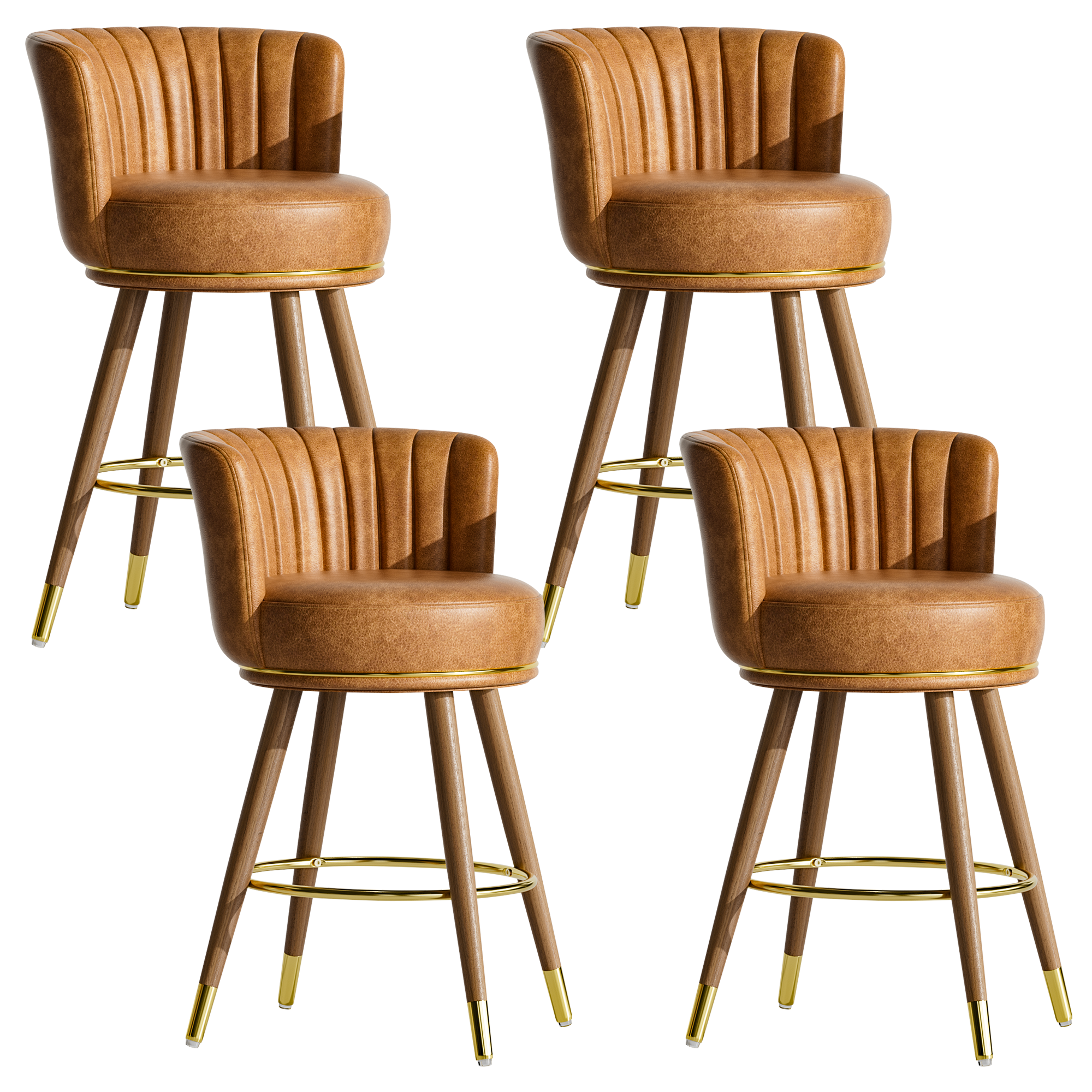 Genpo Counter Height Bar Stools, Round Seat Swivel Bar Stool Set of 4, 26 inch Low Back Leather Bar Chair with Wood Leg for Kitchen Island 300lbs, Brown