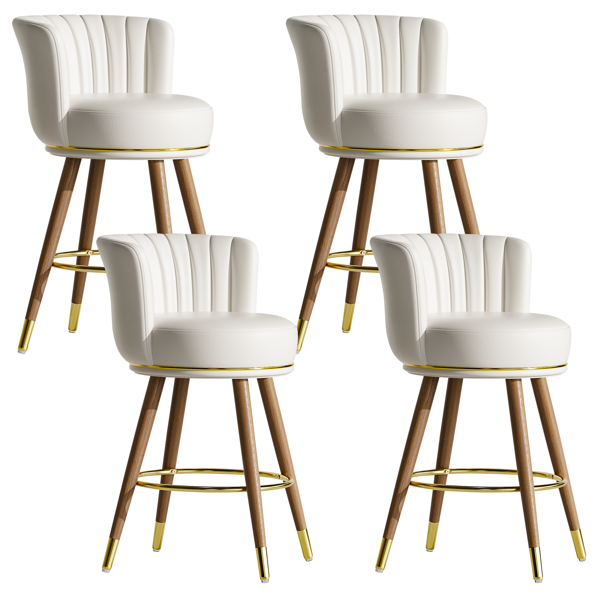 Genpo Counter Height Bar Stools, Round Seat Swivel Bar Stool Set of 4, 26 inch Low Back Leather Bar Chair with Wood Leg for Kitchen Island 300lbs, Beige