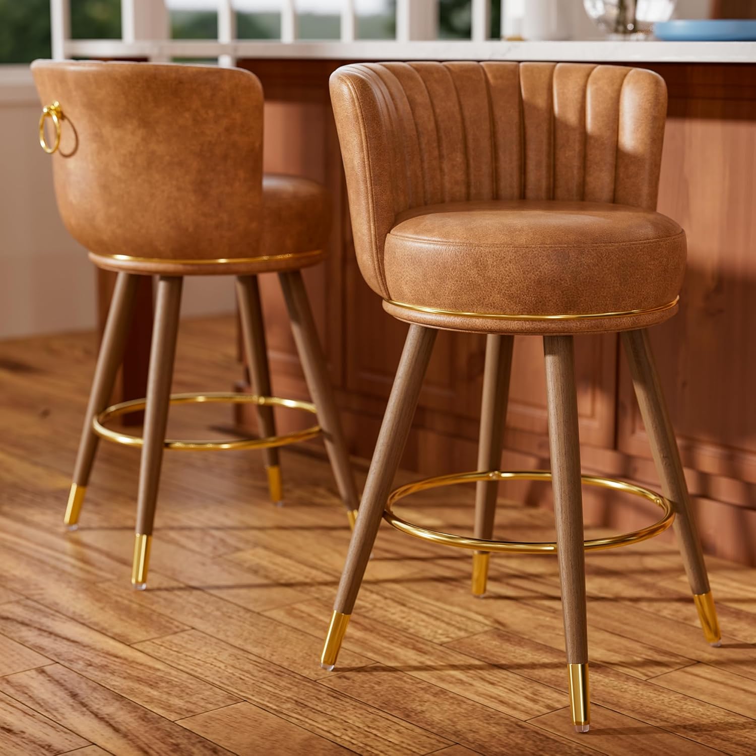 Genpo Swivel Counter Height Bar Stools Set of 2, 24 inch Brown Leather Kitchen Swivel Counter Stools with Backs, Wood Legs and Footrest, Bar Chairs for Kitchen Island