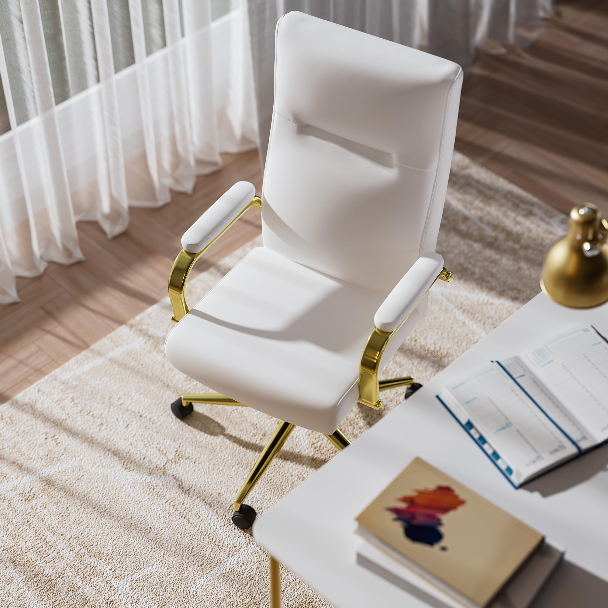 Genpo White and Gold Office Chair Memory Foam, White Leather Computer Desk Chairs with Wheels and Arms, High Back Executive Office Chair for Girl and Women - Image 7