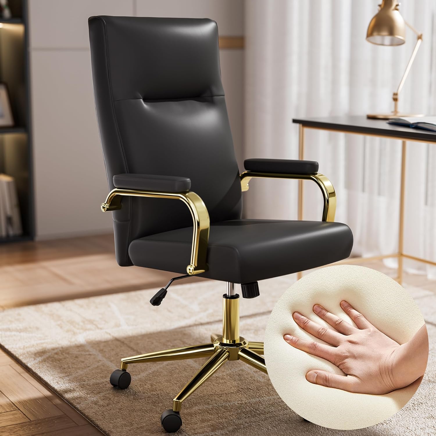 Genpo Black and Gold Office Chair Memory Foam, Leather Computer Desk Chairs with Wheels and Arms, High Back Executive Office Chair for Girl and Women