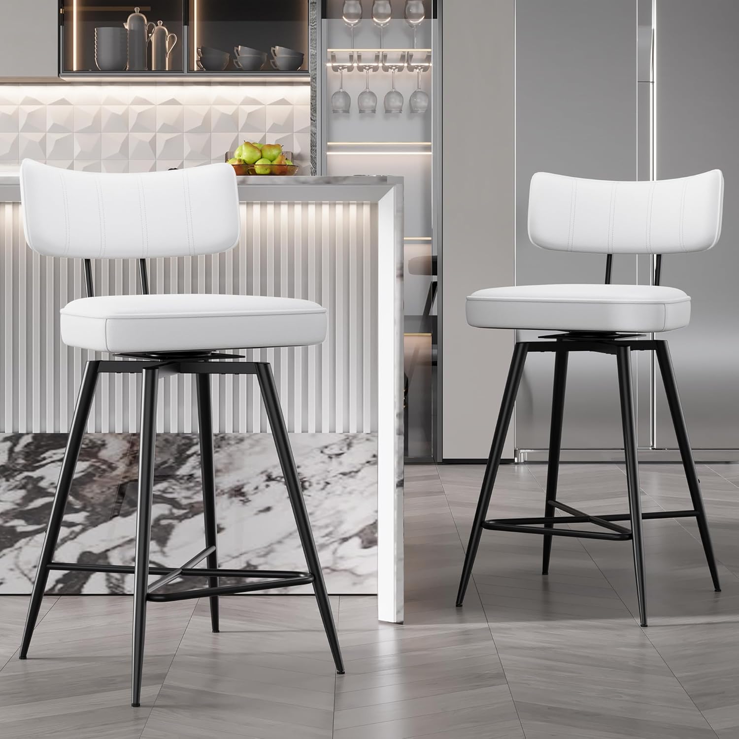 Genpo Swivel Counter Height Bar Stools Set of 2, 26" Leather Swivel Bar Stools with Backs, Metal Legs, Modern Stools for Kitchen Counter, White