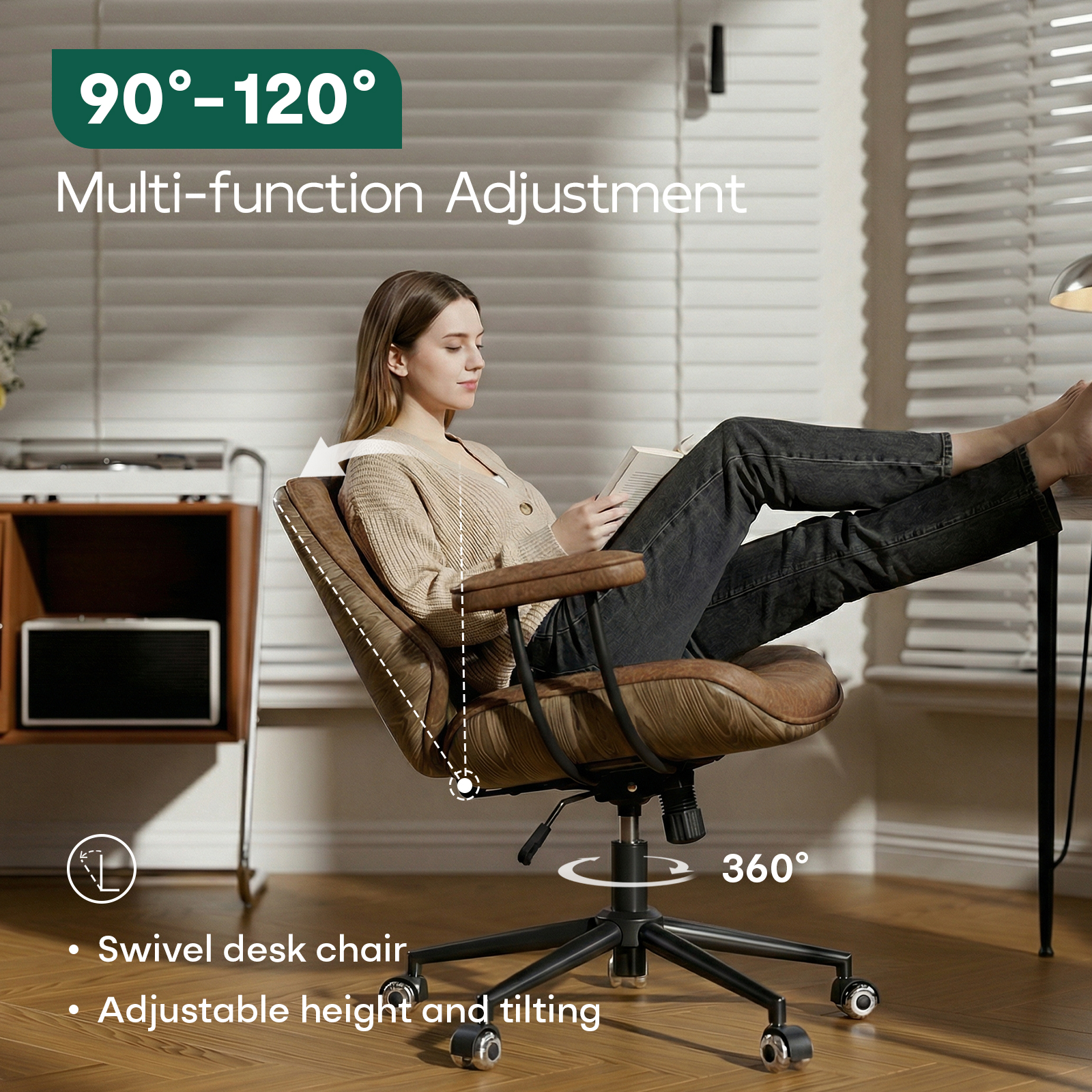 Genpo Mid Century Modern Office Desk Chair with Arms, Cognac Brown Faux Leather Computer Chair, Height Adjustable Vintage Swivel Task Chair for Home Office - Image 7