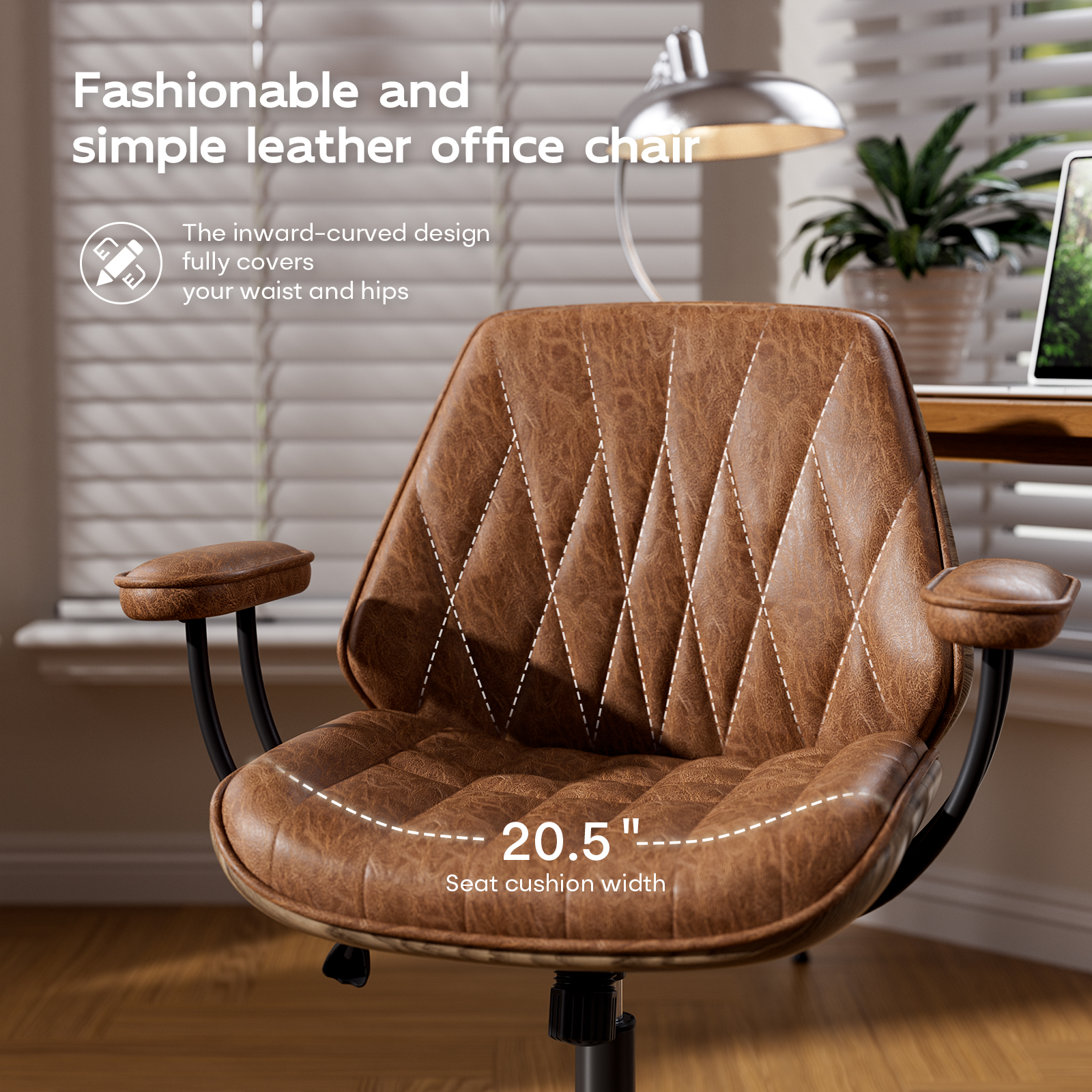 Genpo Mid Century Modern Office Desk Chair with Arms, Cognac Brown Faux Leather Computer Chair, Height Adjustable Vintage Swivel Task Chair for Home Office - Image 3
