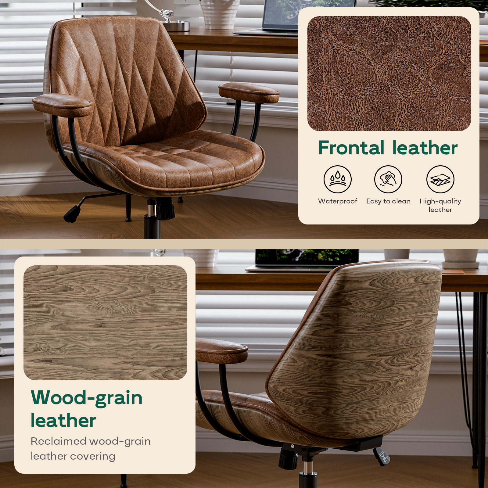 Genpo Mid Century Modern Office Desk Chair with Arms, Cognac Brown Faux Leather Computer Chair, Height Adjustable Vintage Swivel Task Chair for Home Office - Image 4