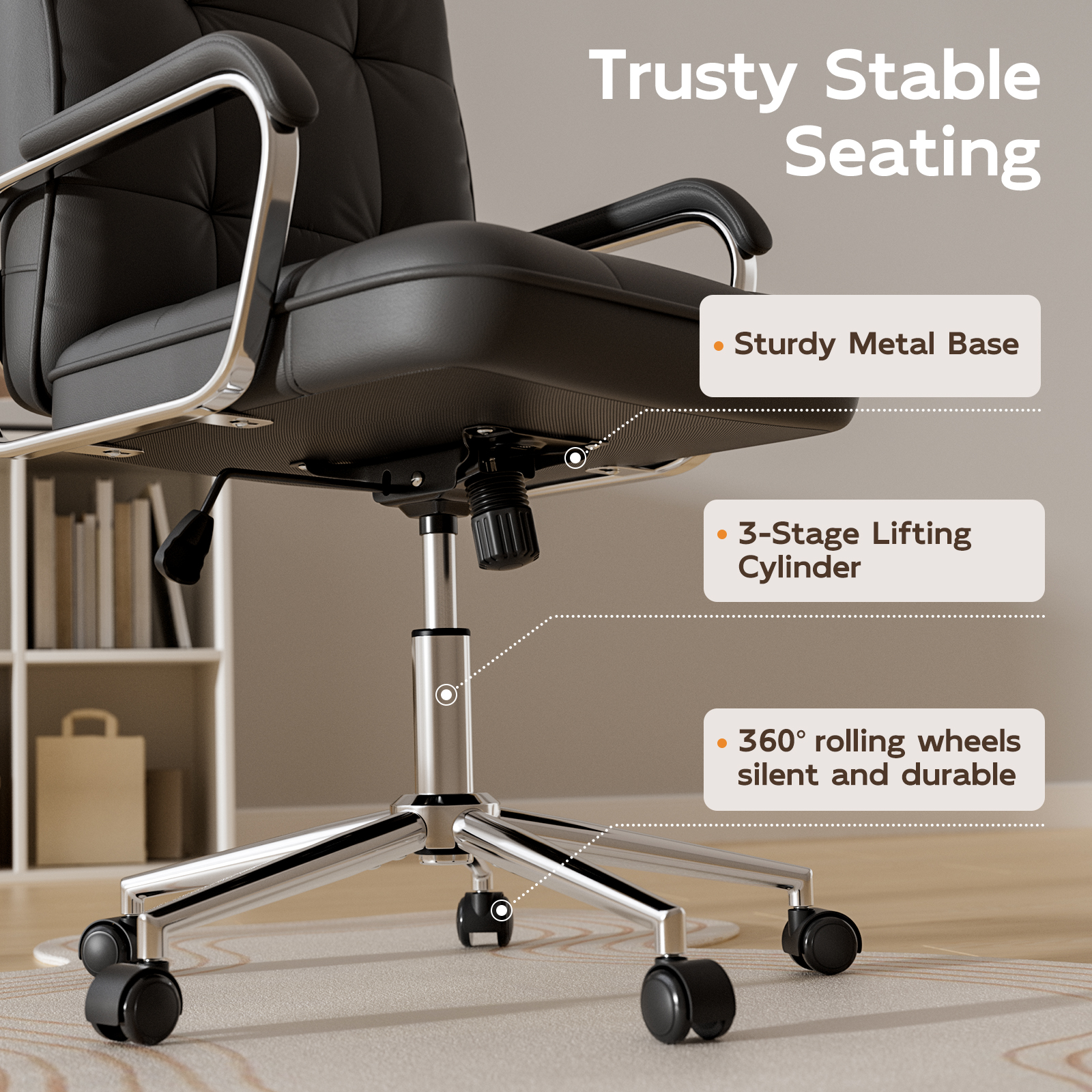 Genpo Black Office Chair, Swivel Leather Computer Desk Chair with Wheels and Padded Arms, Executive Office Chair for Adults - Image 6