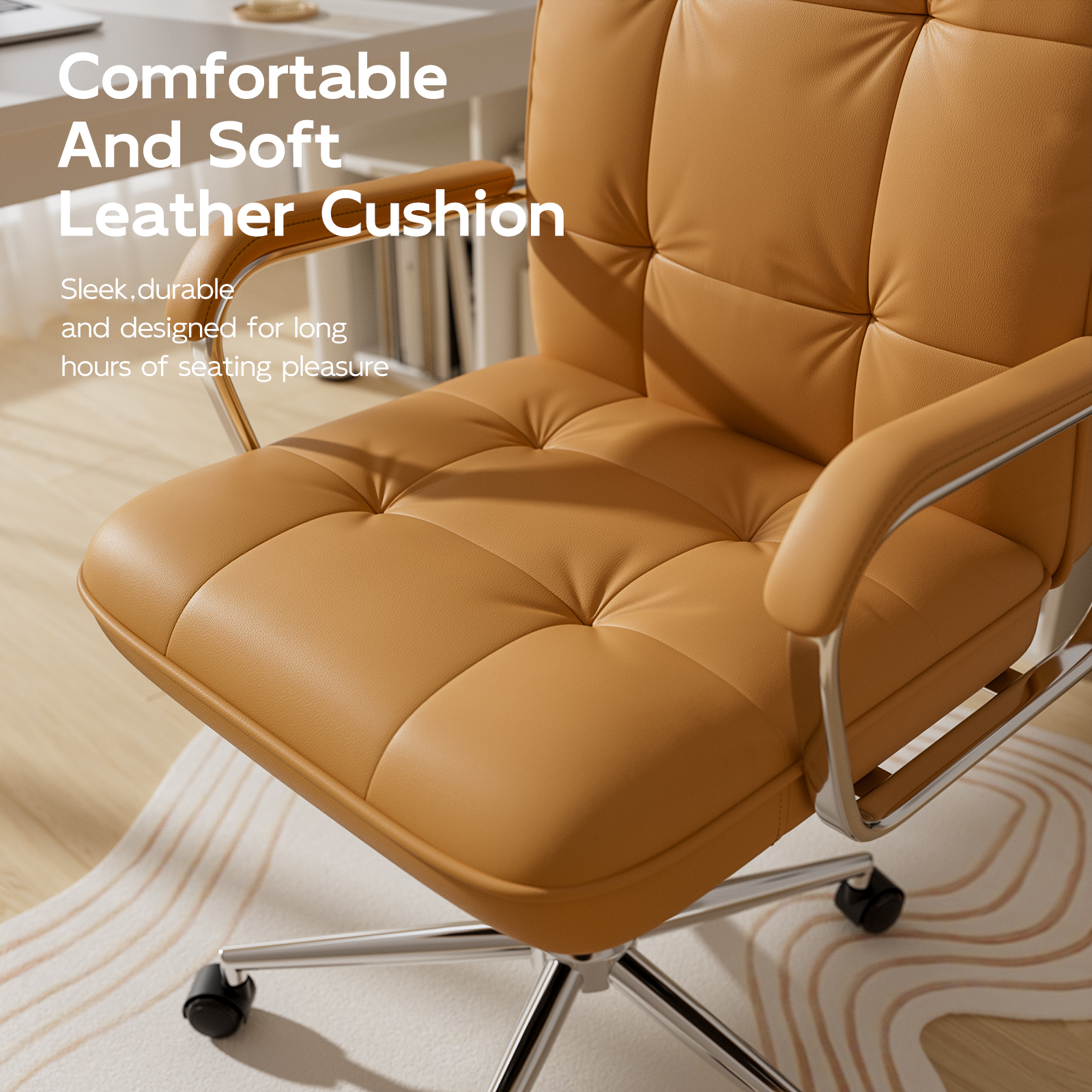 Genpo Brown Office Chair, Swivel Leather Computer Desk Chair with Wheels and Padded Arms, Executive Office Chair for Adults - Image 3