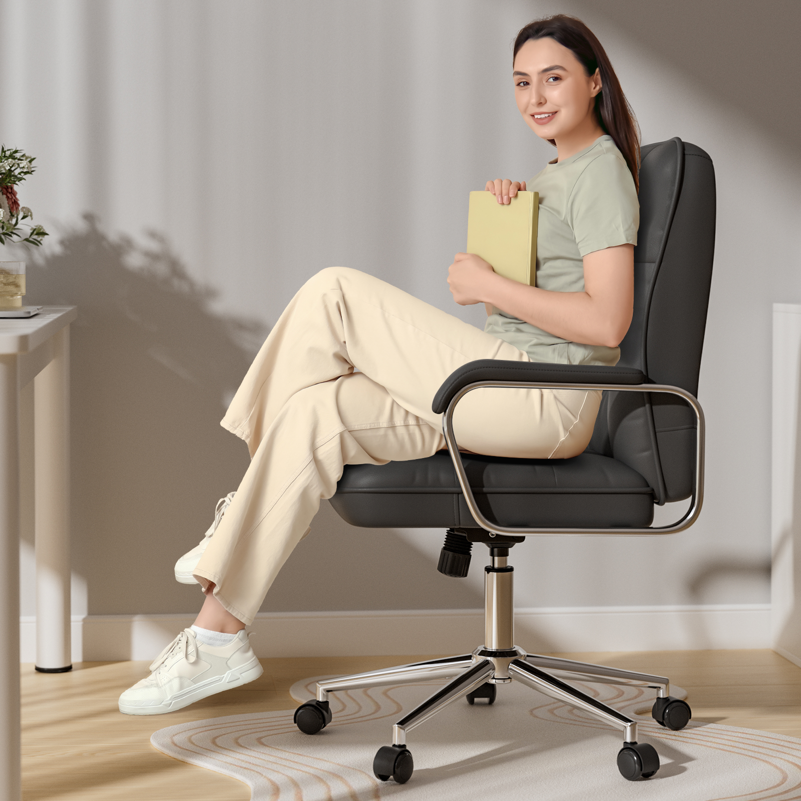 Genpo Black Office Chair, Swivel Leather Computer Desk Chair with Wheels and Padded Arms, Executive Office Chair for Adults - Image 7