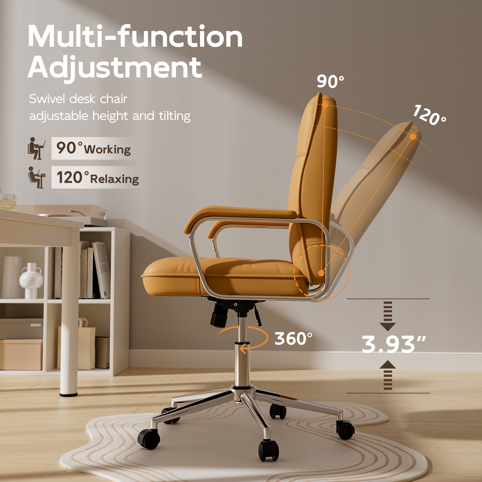 Genpo Brown Office Chair, Swivel Leather Computer Desk Chair with Wheels and Padded Arms, Executive Office Chair for Adults - Image 5