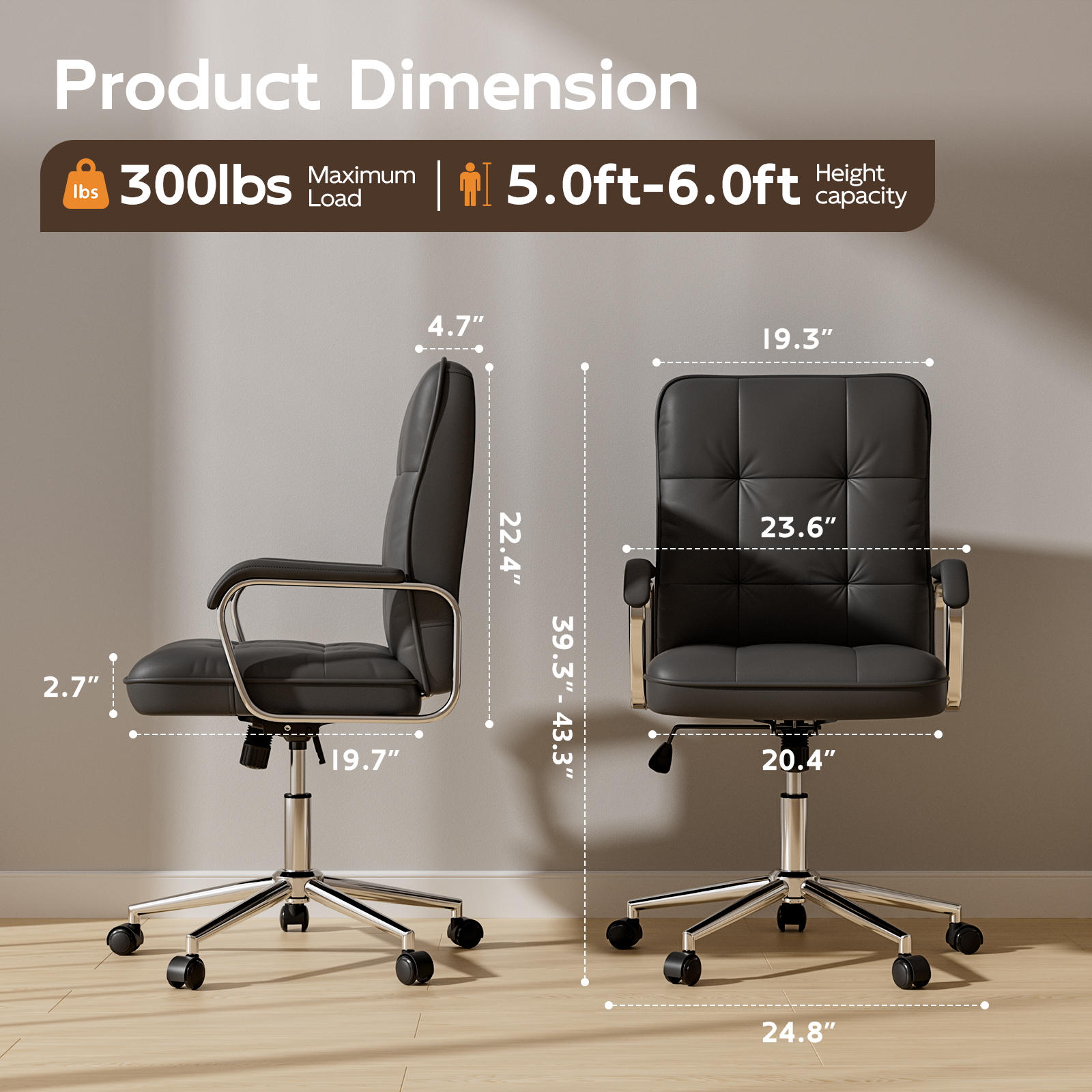 Genpo Black Office Chair, Swivel Leather Computer Desk Chair with Wheels and Padded Arms, Executive Office Chair for Adults - Image 2