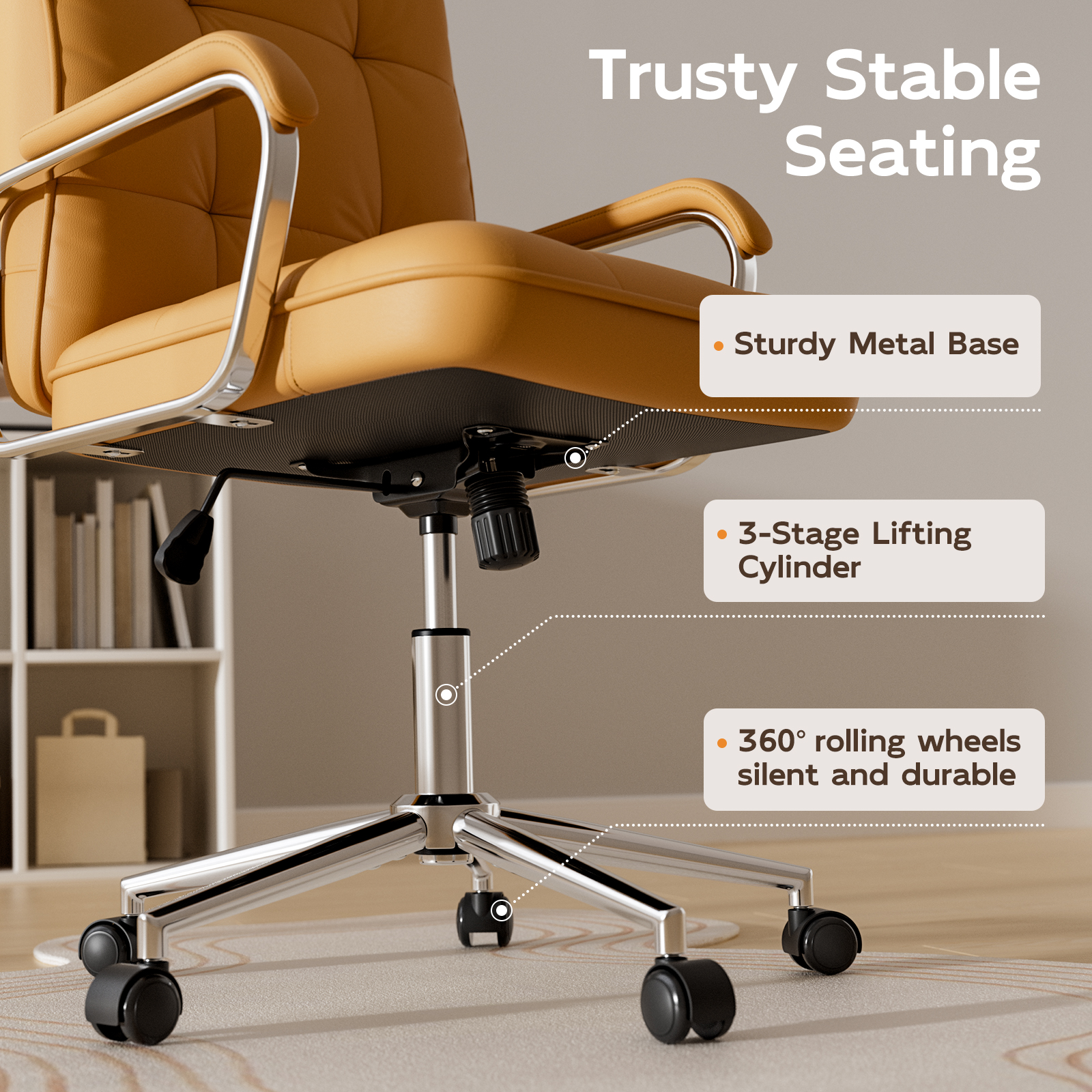 Genpo Brown Office Chair, Swivel Leather Computer Desk Chair with Wheels and Padded Arms, Executive Office Chair for Adults - Image 6